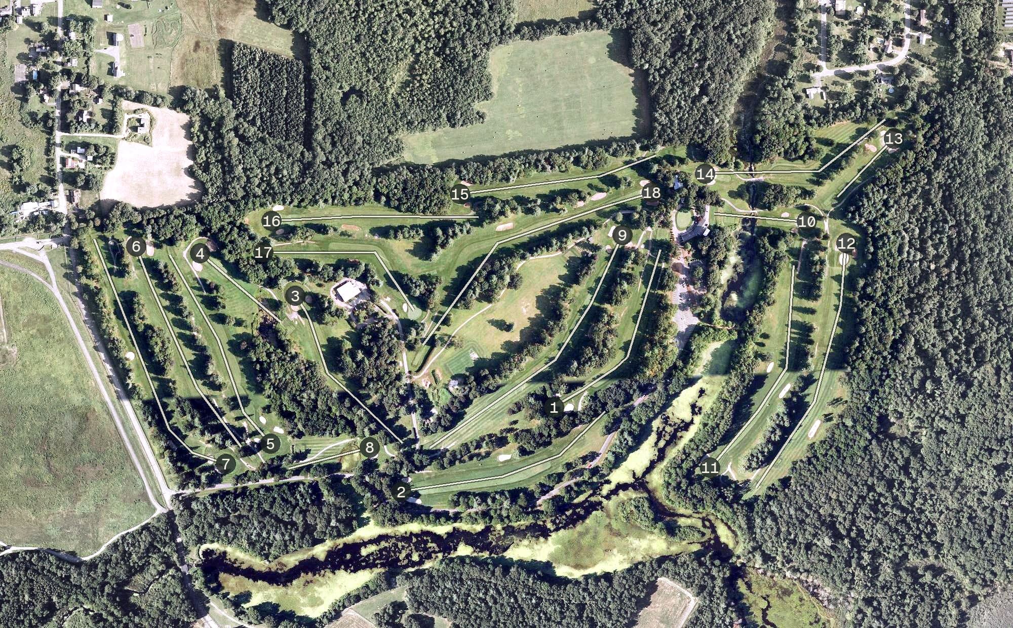 Aerial view of Westover Golf Course, MA, with its hole routing marked