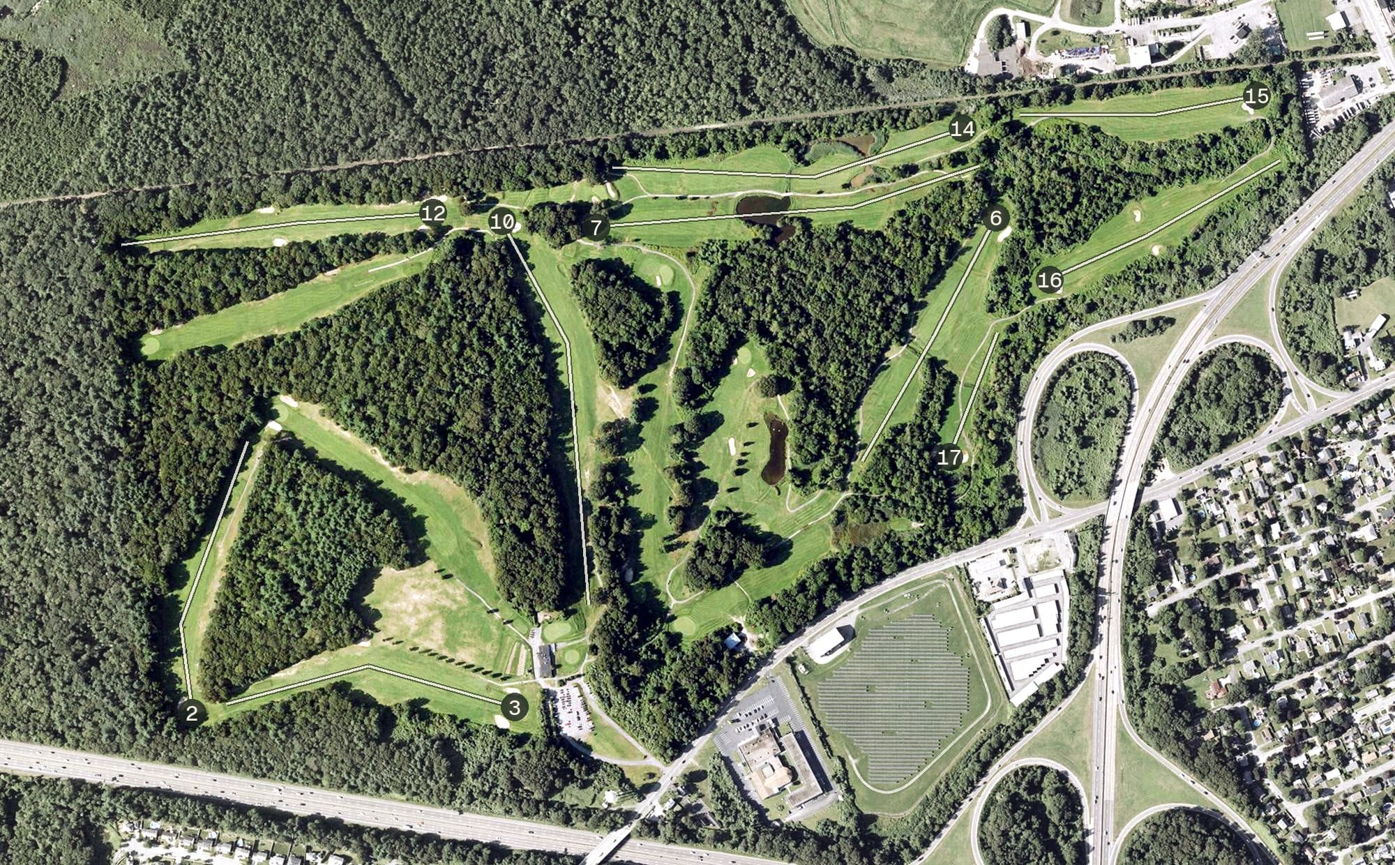 Aerial view of Whaling City Golf Course, MA, with its hole routing marked