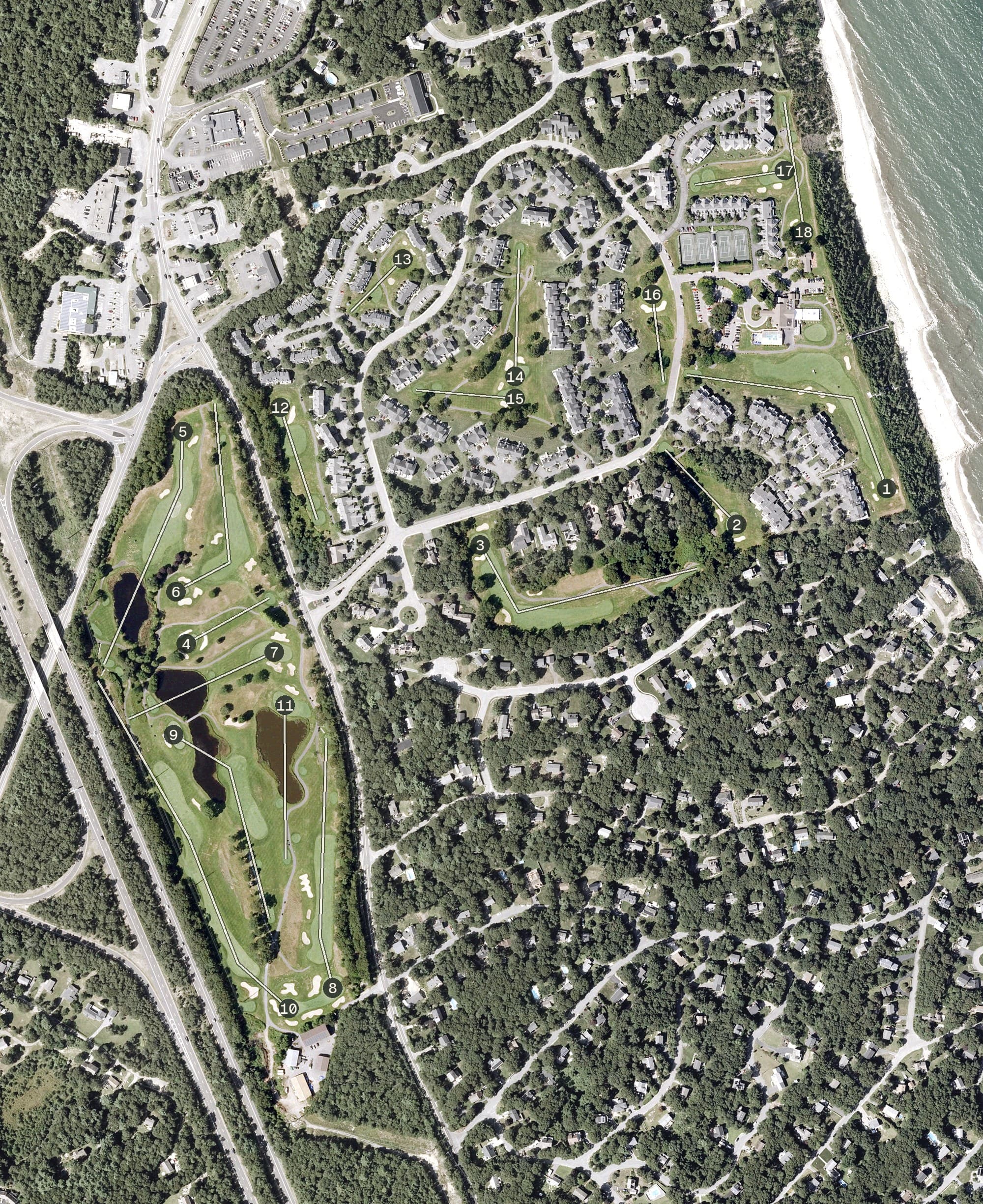 Aerial view of White Cliffs Country Club, MA, with its hole routing marked
