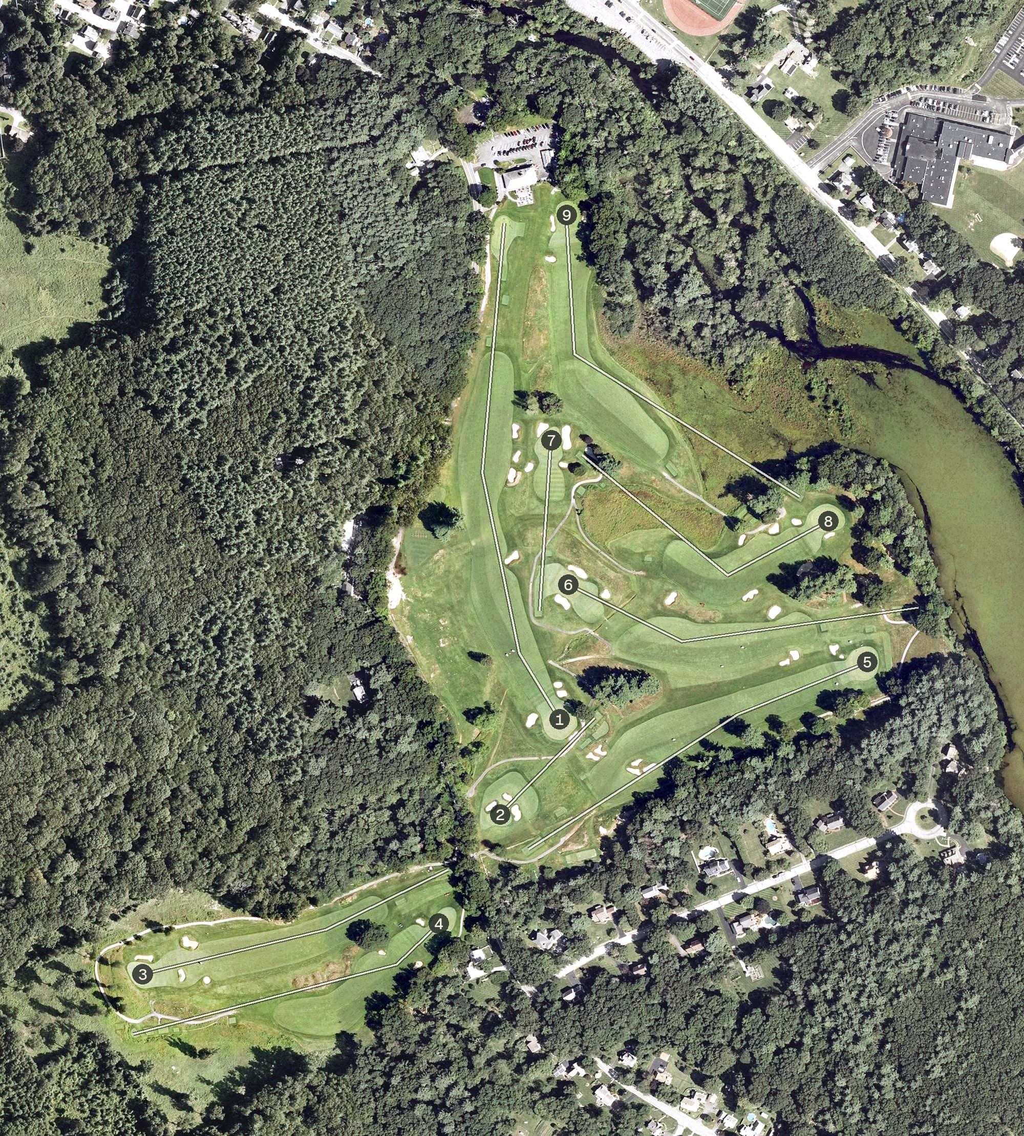 Aerial view of Whitinsville Golf Club, MA, with its hole routing marked