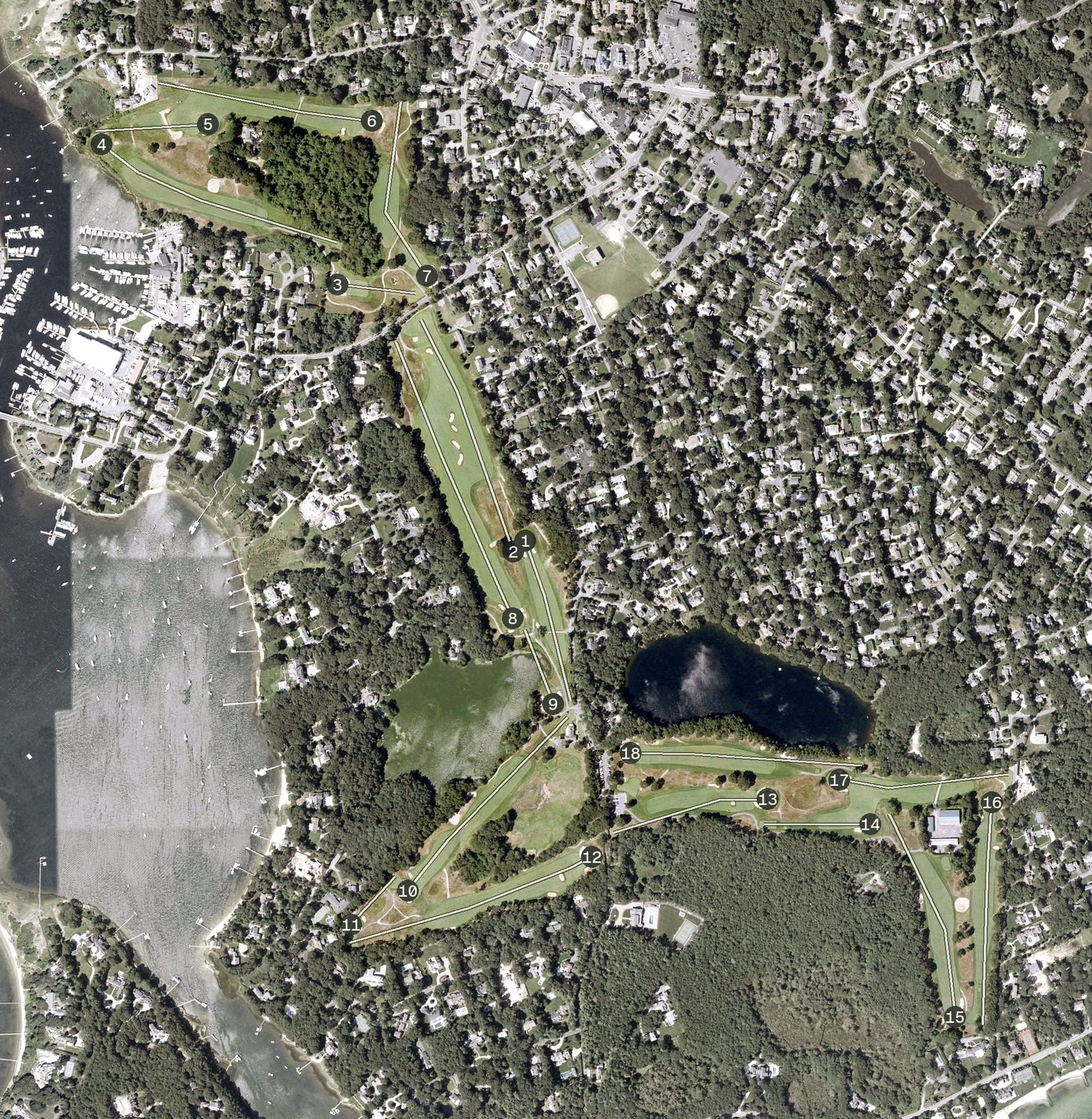 Aerial view of Wianno Club, MA, with its hole routing marked