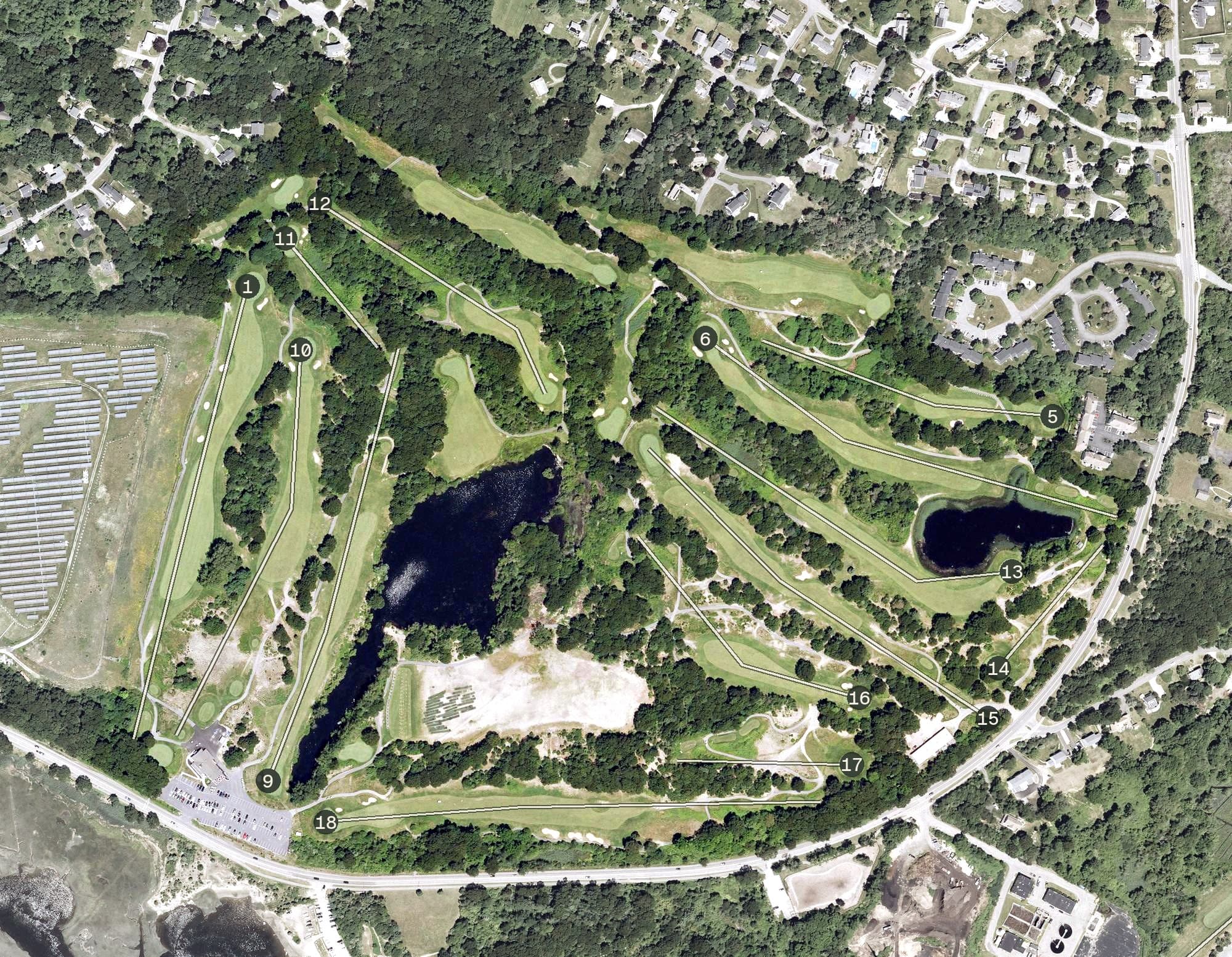 Aerial view of Widow's Walk Golf Course, MA, with its hole routing marked