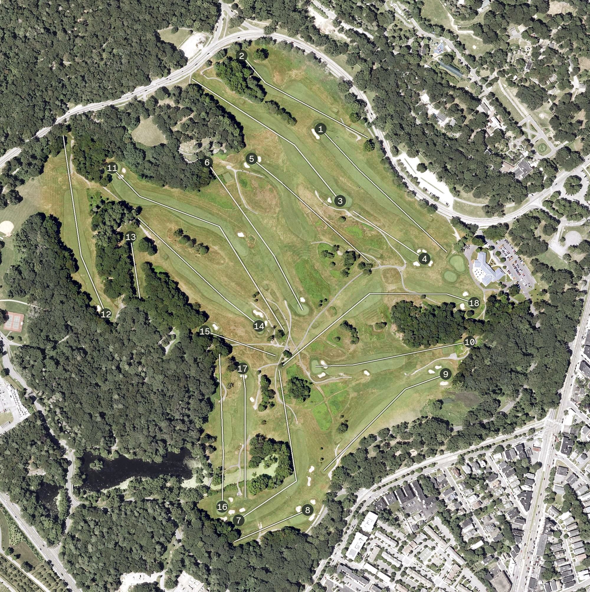 Aerial view of William J. Devine Golf Course, MA, with its hole routing marked