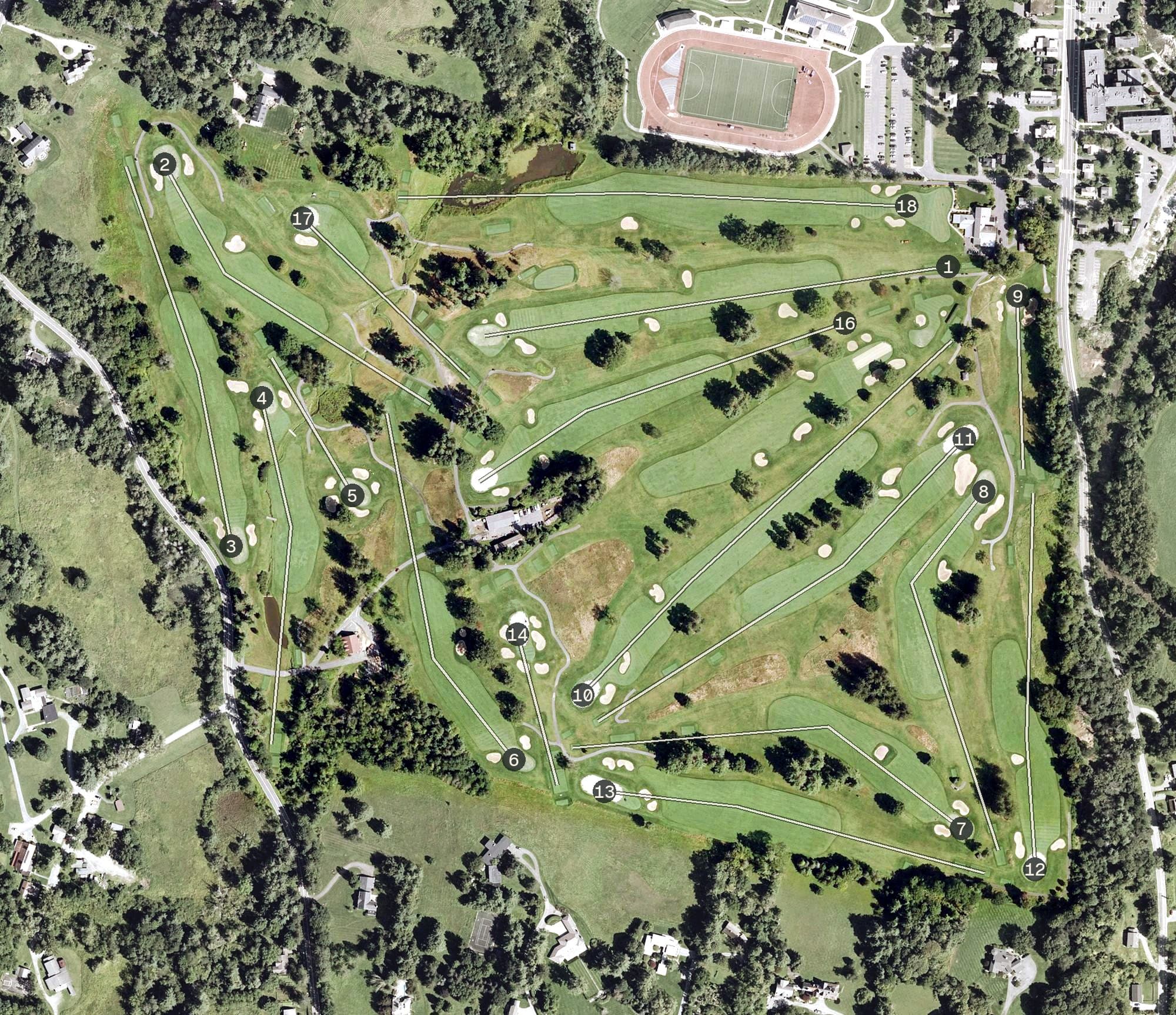 Aerial view of Williams College Taconic Golf Course, MA, with its hole routing marked