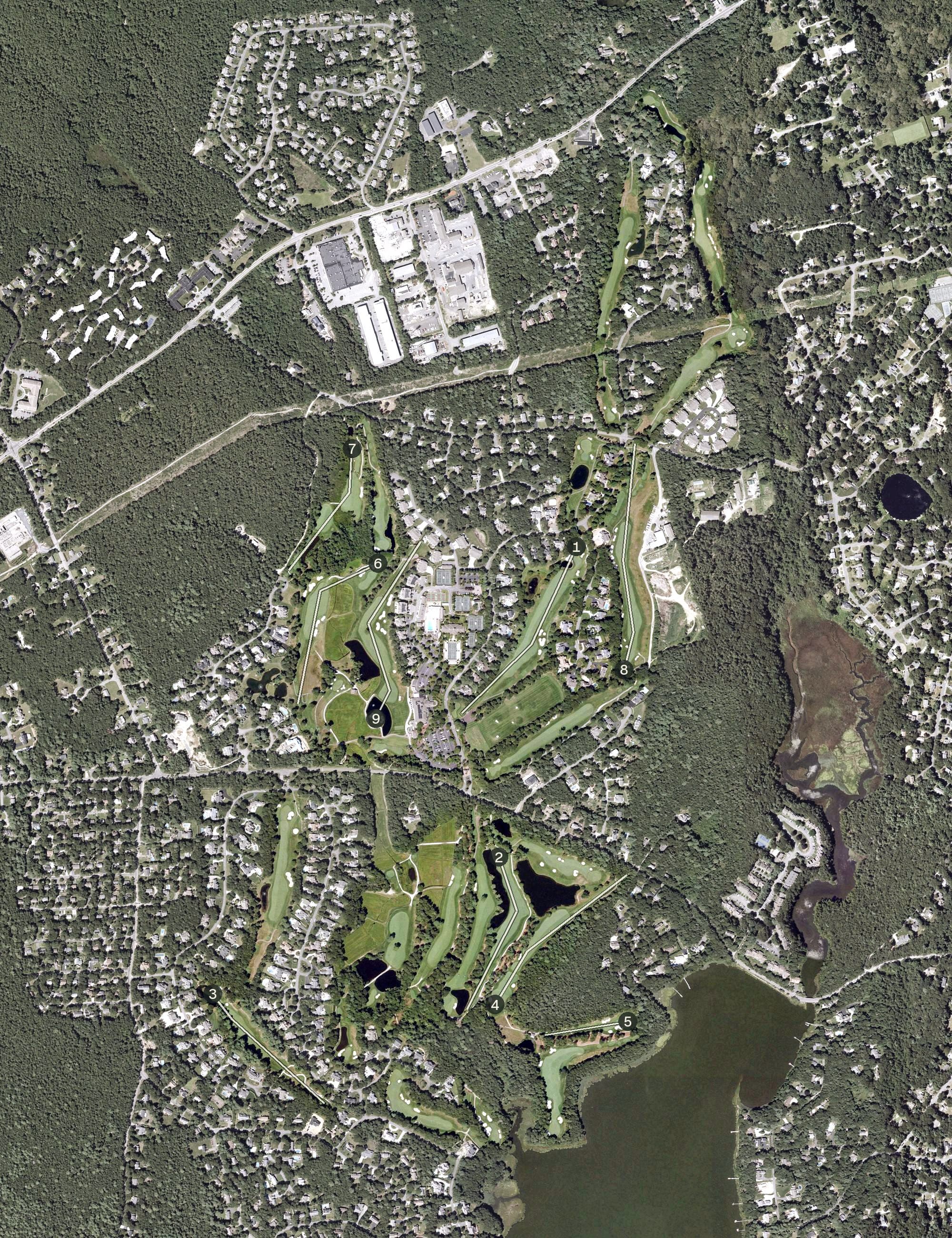 Aerial view of Willowbend Country Club, MA, with its hole routing marked