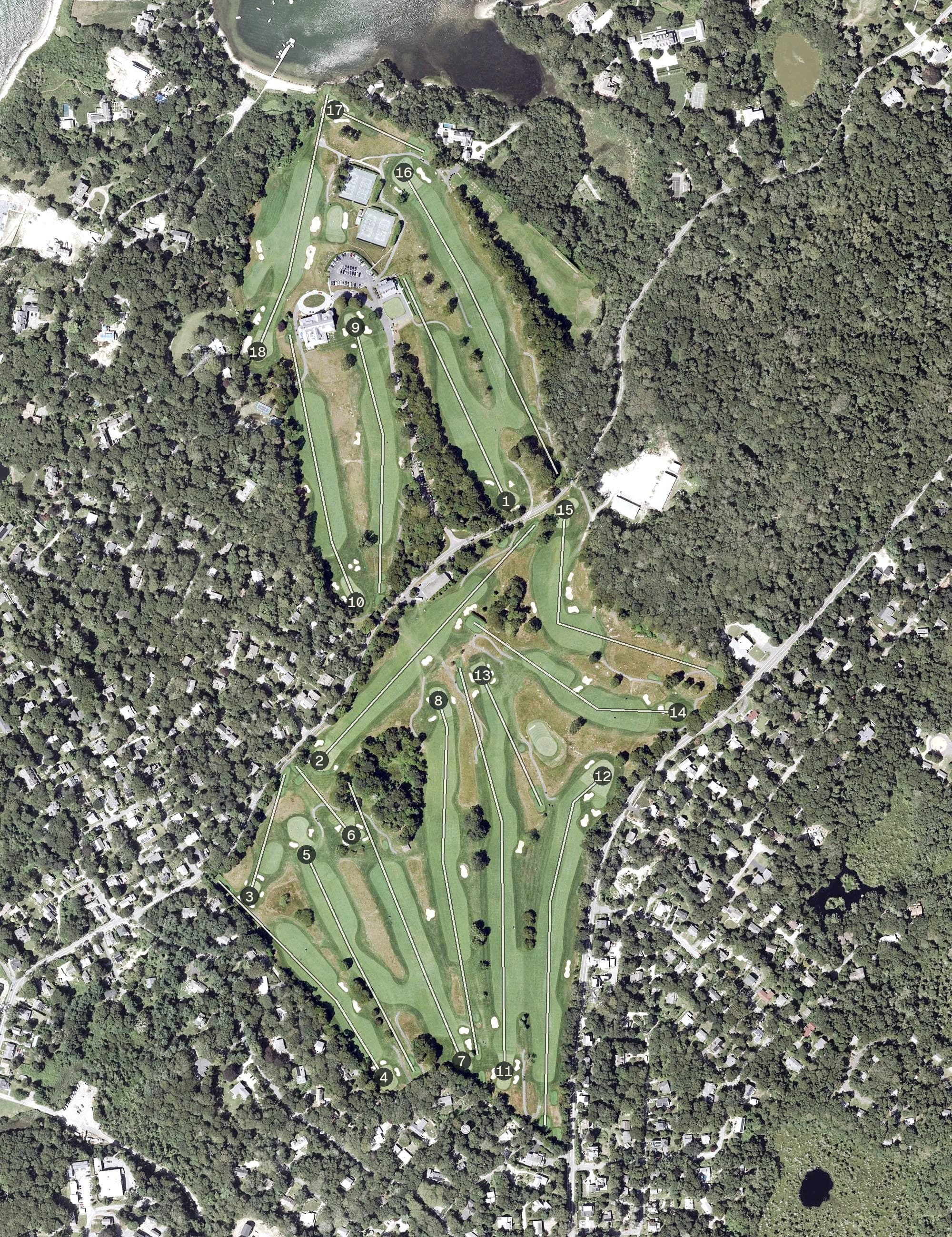 Aerial view of Woods Hole Golf Club, MA, with its hole routing marked