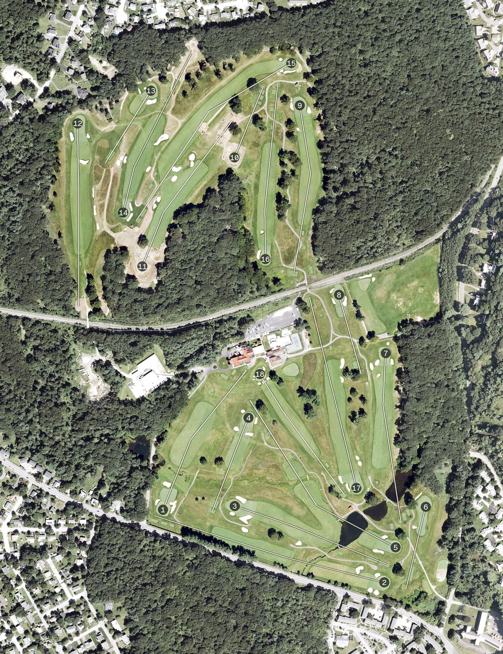 Aerial view of Worcester Country Club, MA, with its hole routing marked