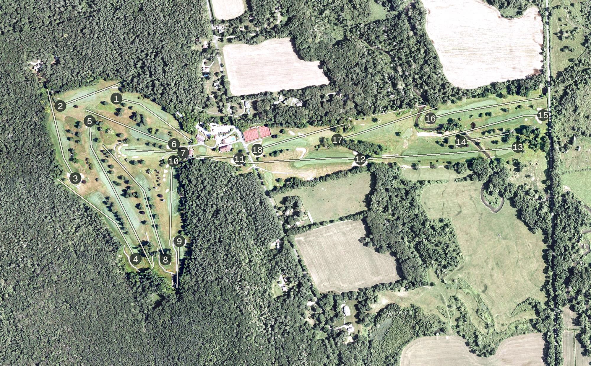 Aerial view of Wyantenuck Country Club, MA, with its hole routing marked