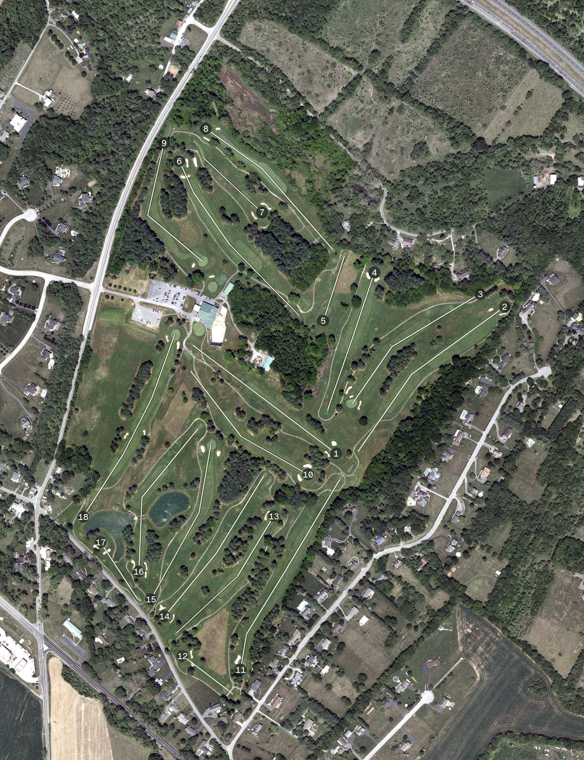 Aerial view of Beaver Creek Country Club, MD, with its hole routing marked