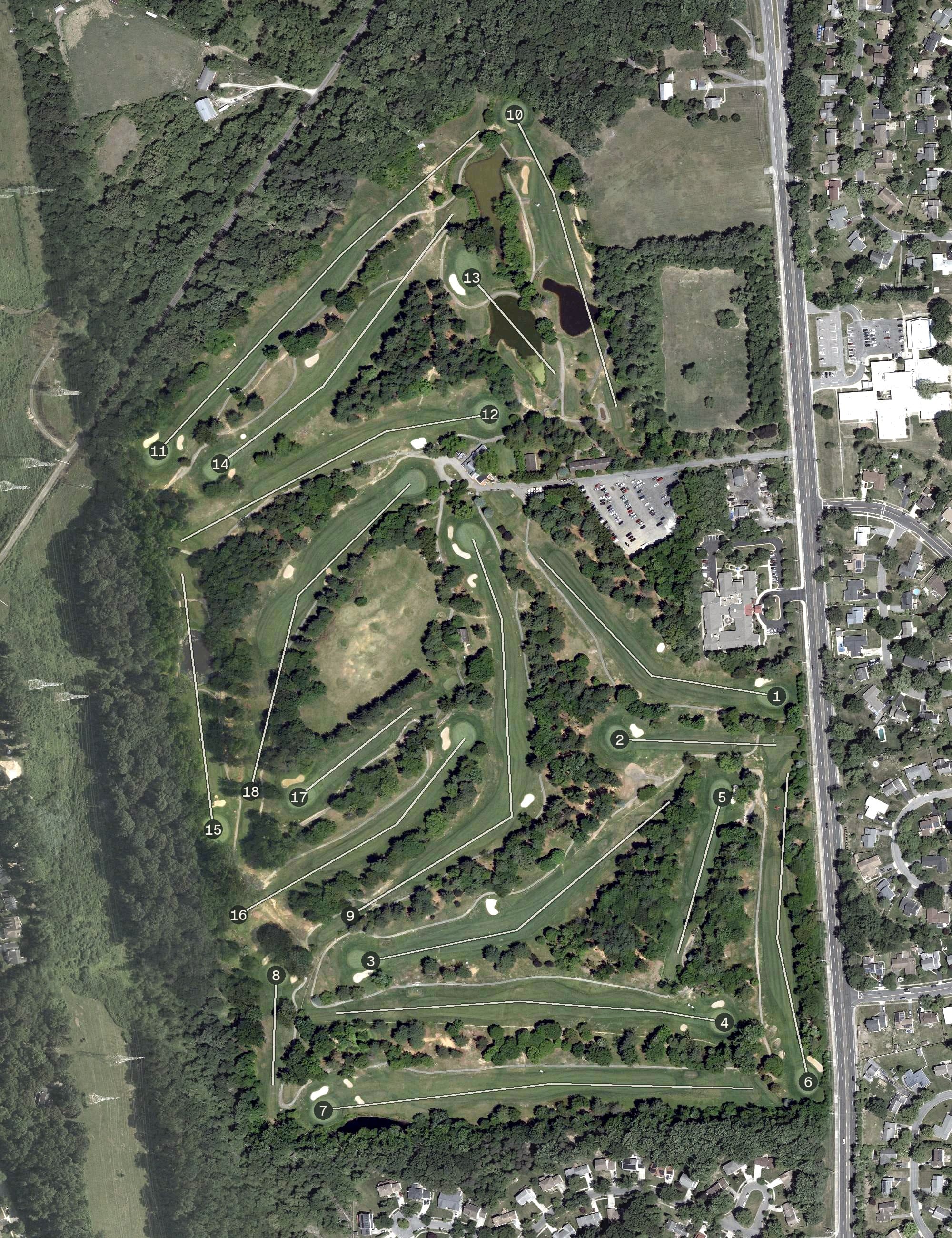 Aerial view of Bowie Golf and Coutry Club, MD, with its hole routing marked
