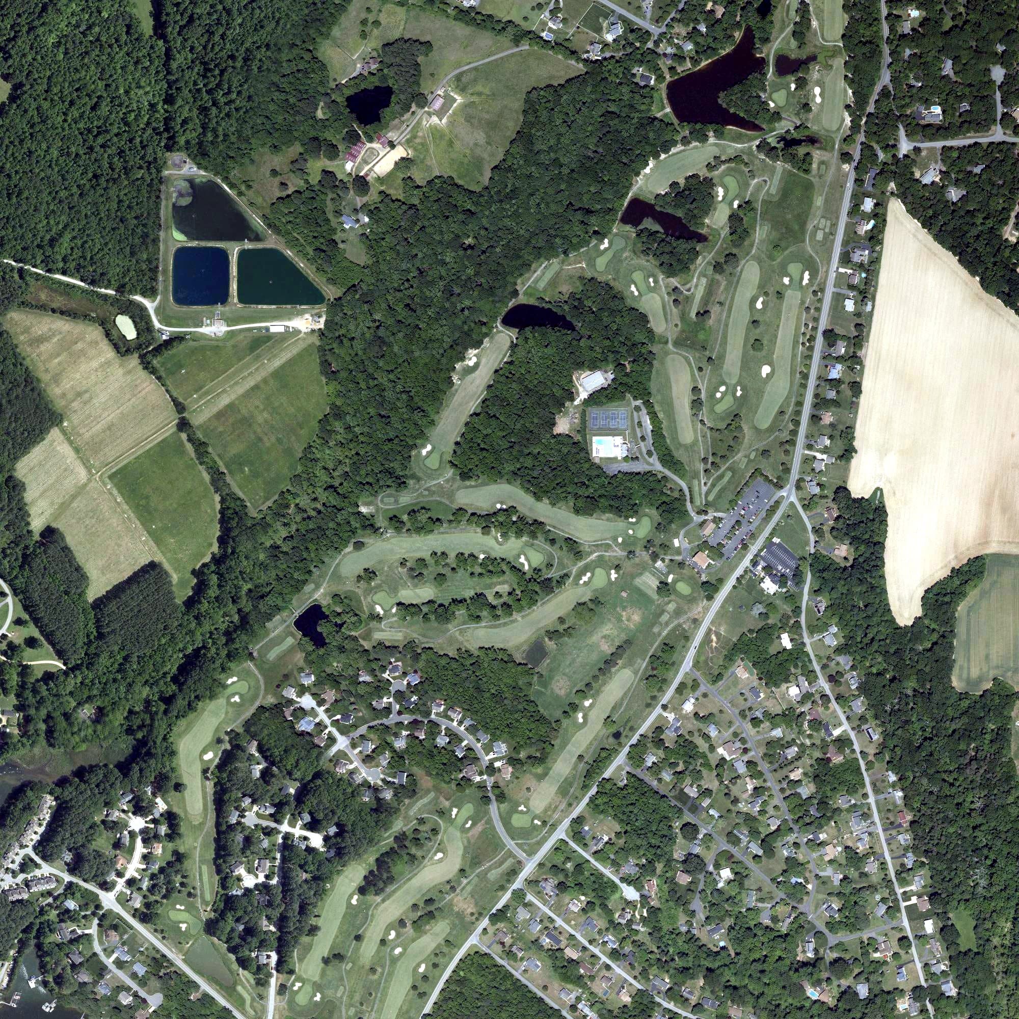 Aerial view of Breton Bay Golf Course, MD, with its hole routing marked