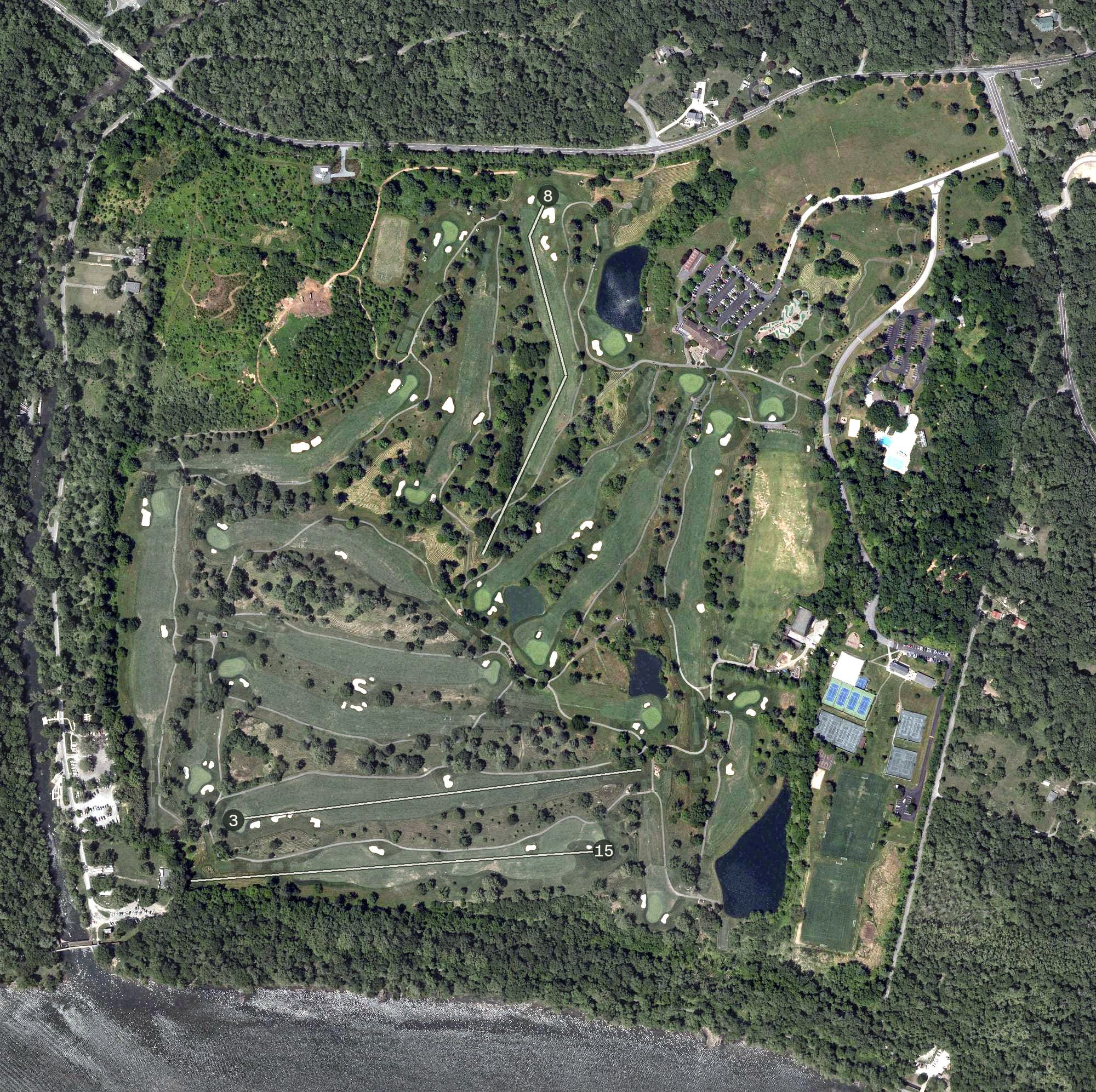 Aerial view of Bretton Woods Golf Course, MD, with its hole routing marked