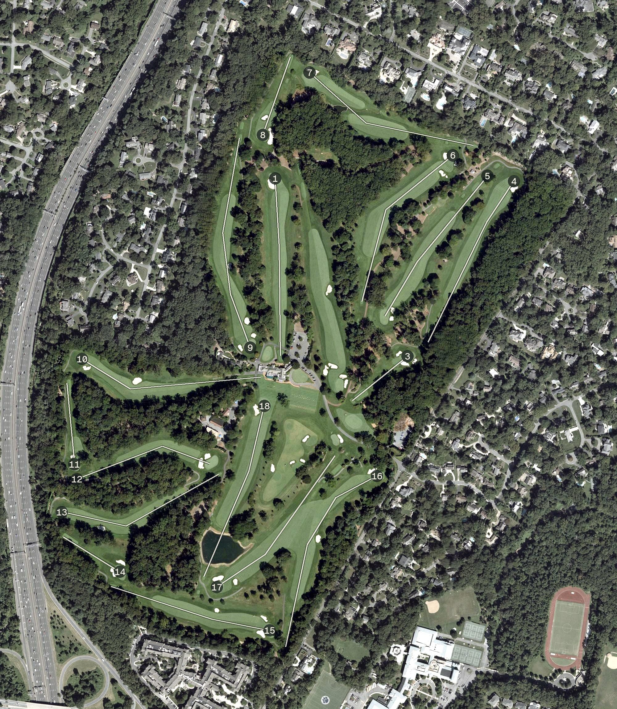 Aerial view of Burning Tree Country Club, MD, with its hole routing marked