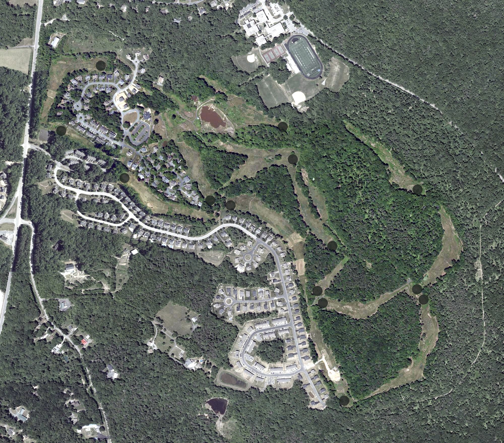 Aerial view of Chesapeake Bay Golf Club North East Course, MD, with its hole routing marked