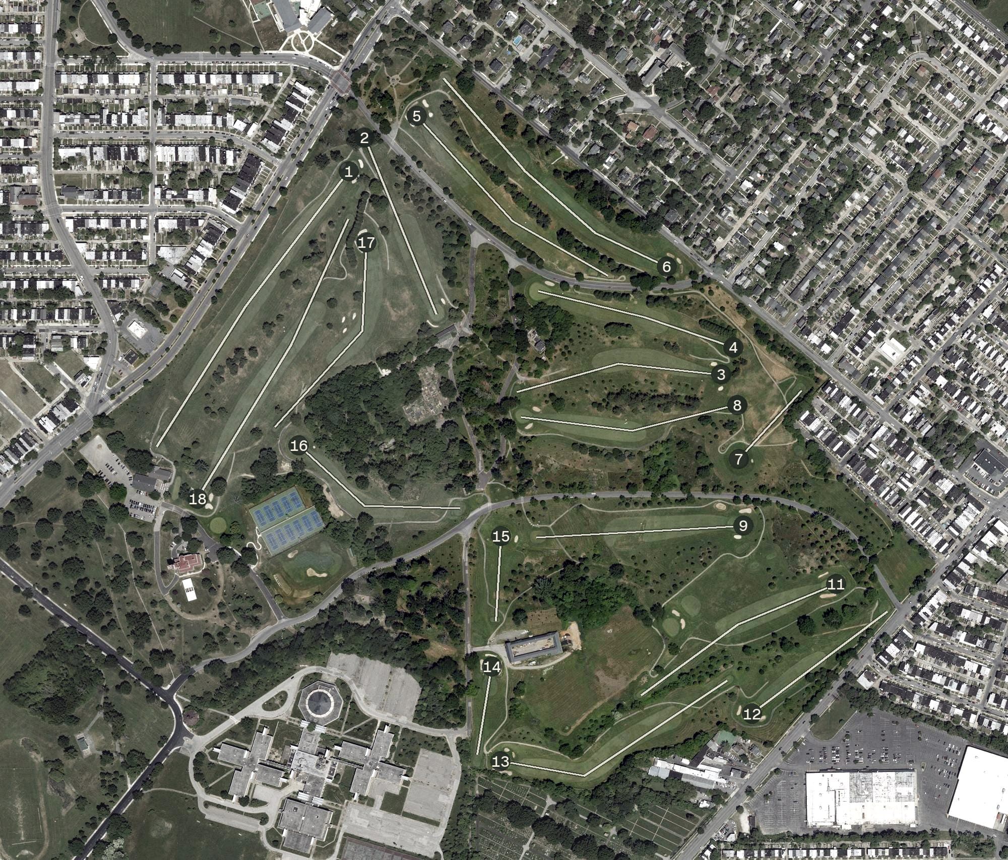 Aerial view of Clifton Park Golf Course, MD, with its hole routing marked