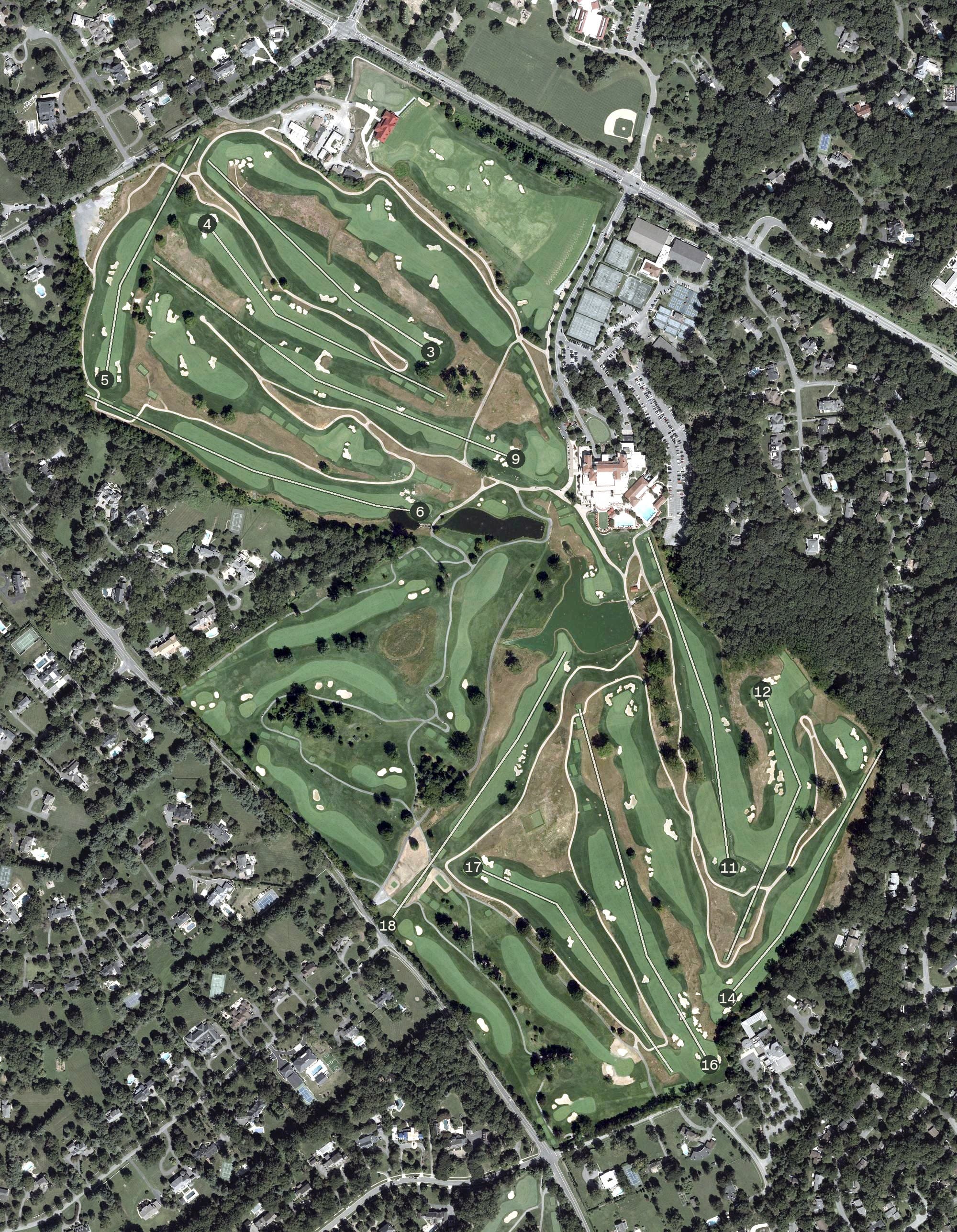 Aerial view of Congressional Country Club, MD, with its hole routing marked