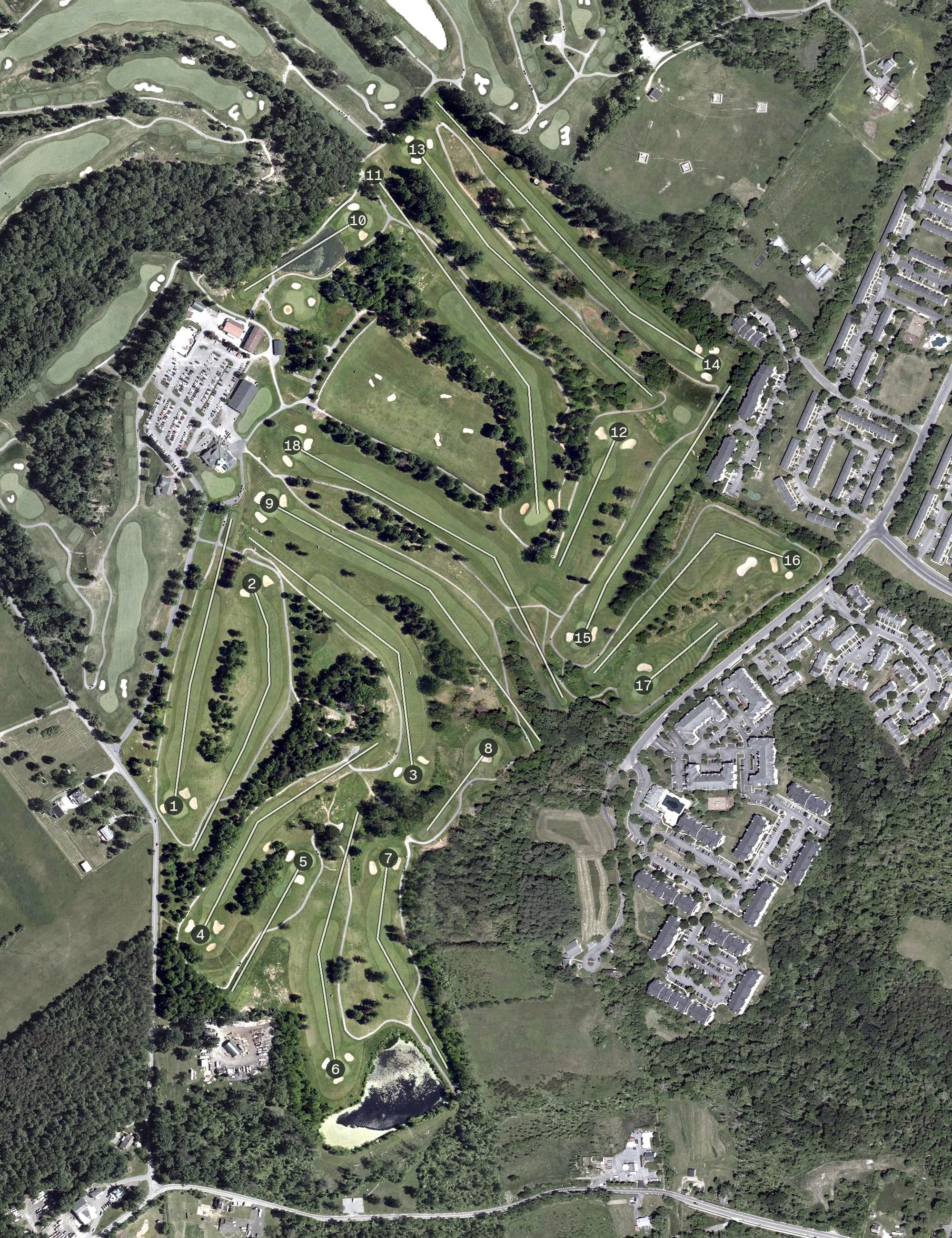Aerial view of Diamond Ridge Golf Couse, MD, with its hole routing marked