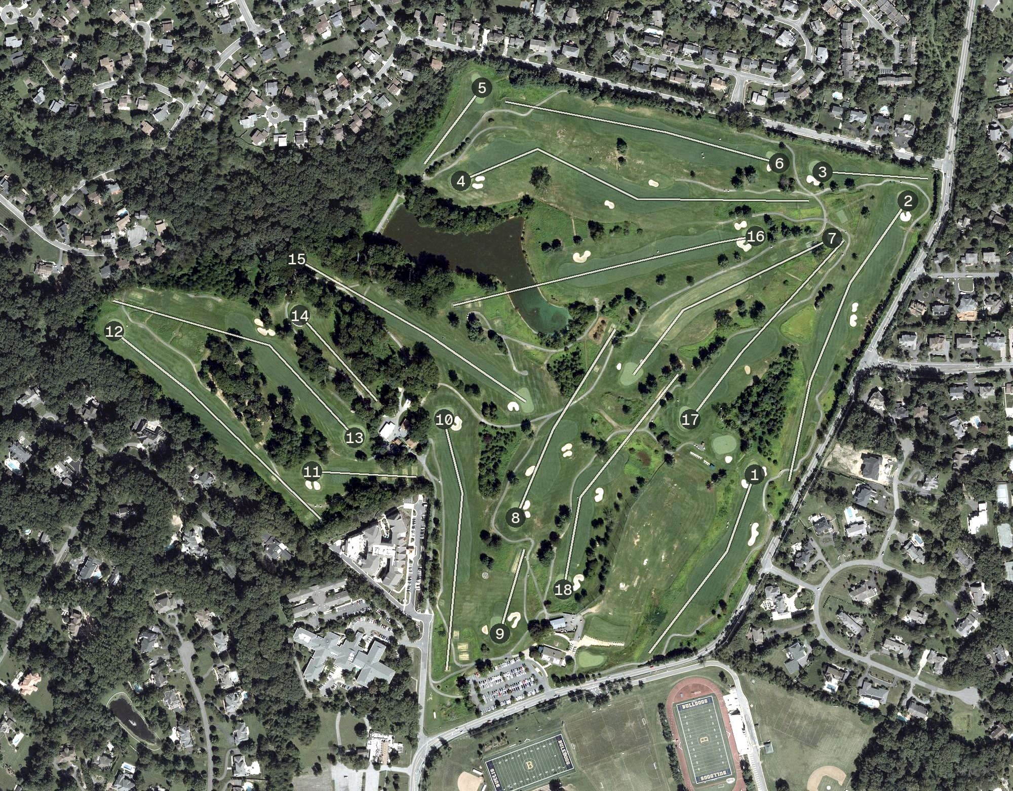 Aerial view of Falls Road Golf Course, MD, with its hole routing marked