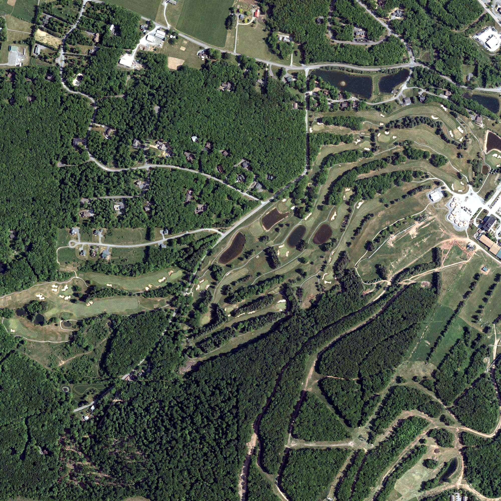 Aerial view of Fantasy Valley Golf Course, MD, with its hole routing marked