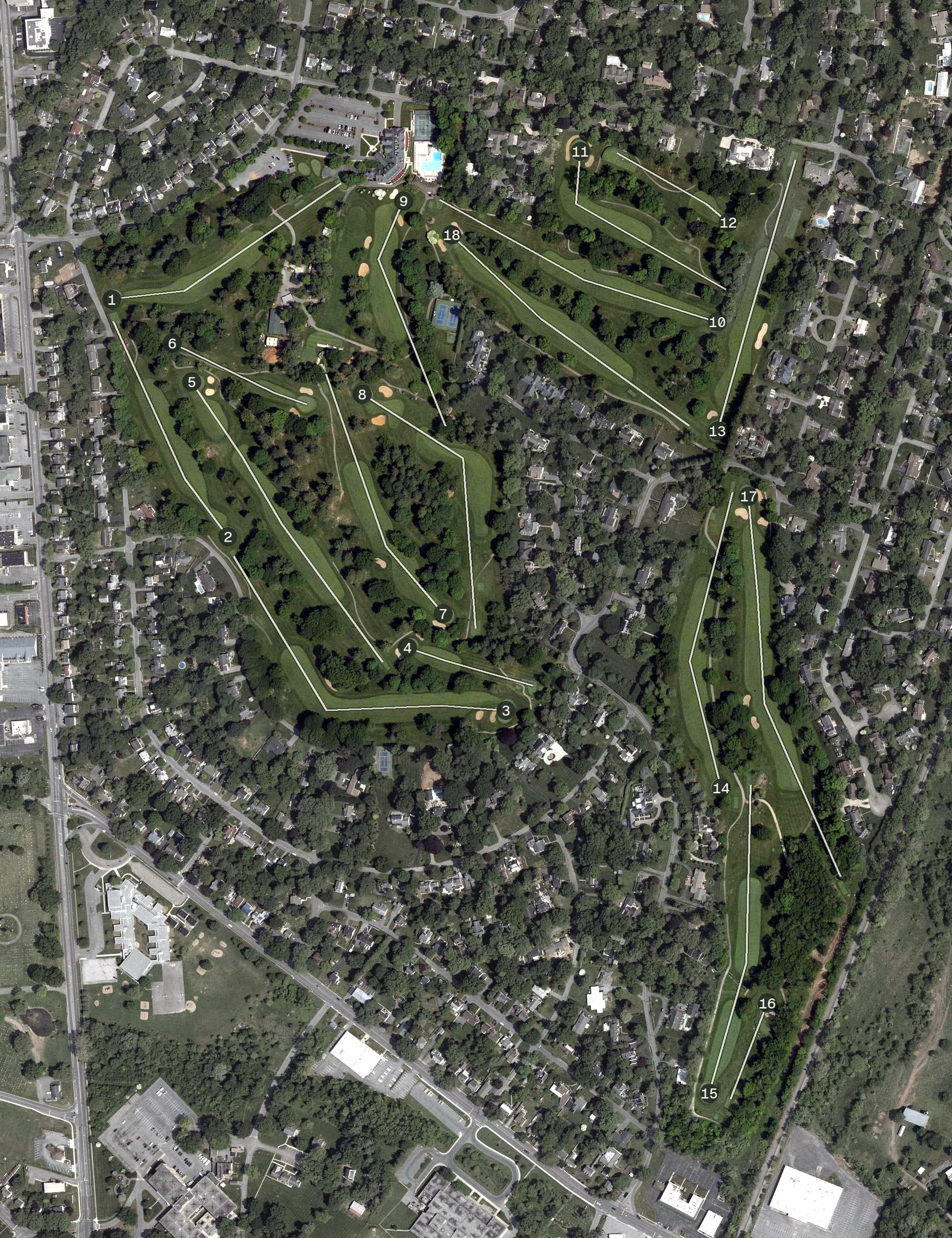 Aerial view of Fountain Head Country Club, MD, with its hole routing marked