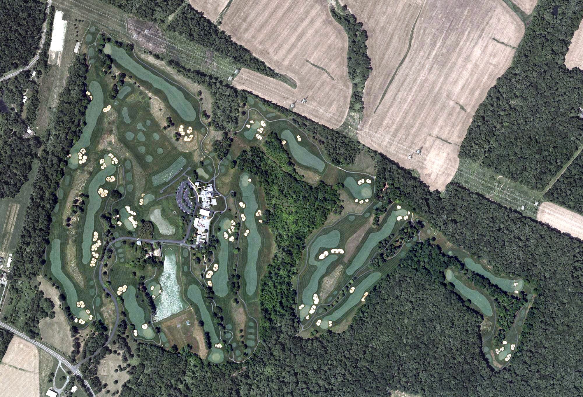 Aerial view of Four Streams Golf Club, MD, with its hole routing marked