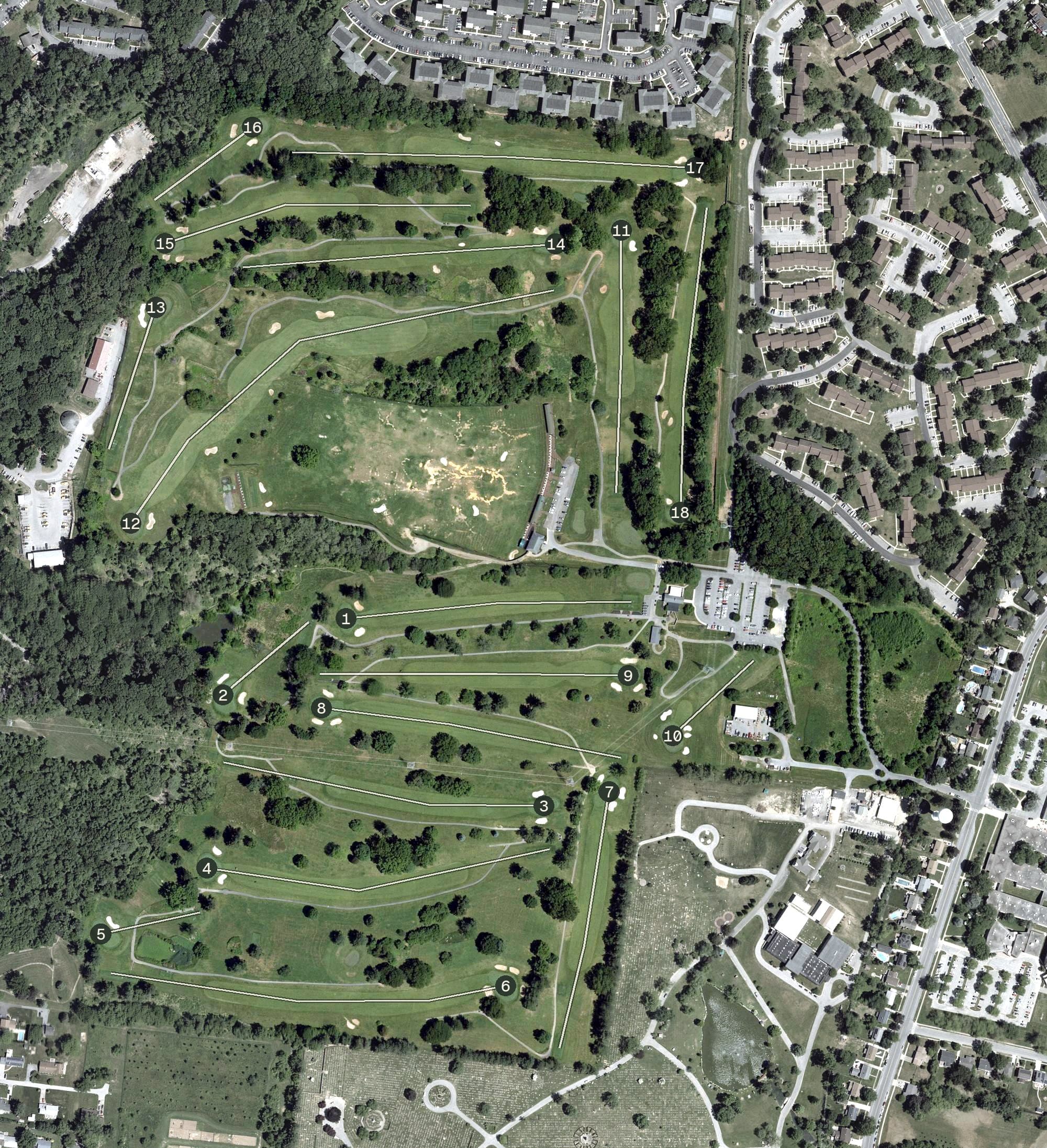 Aerial view of Fox Hollow Golf Course, MD, with its hole routing marked