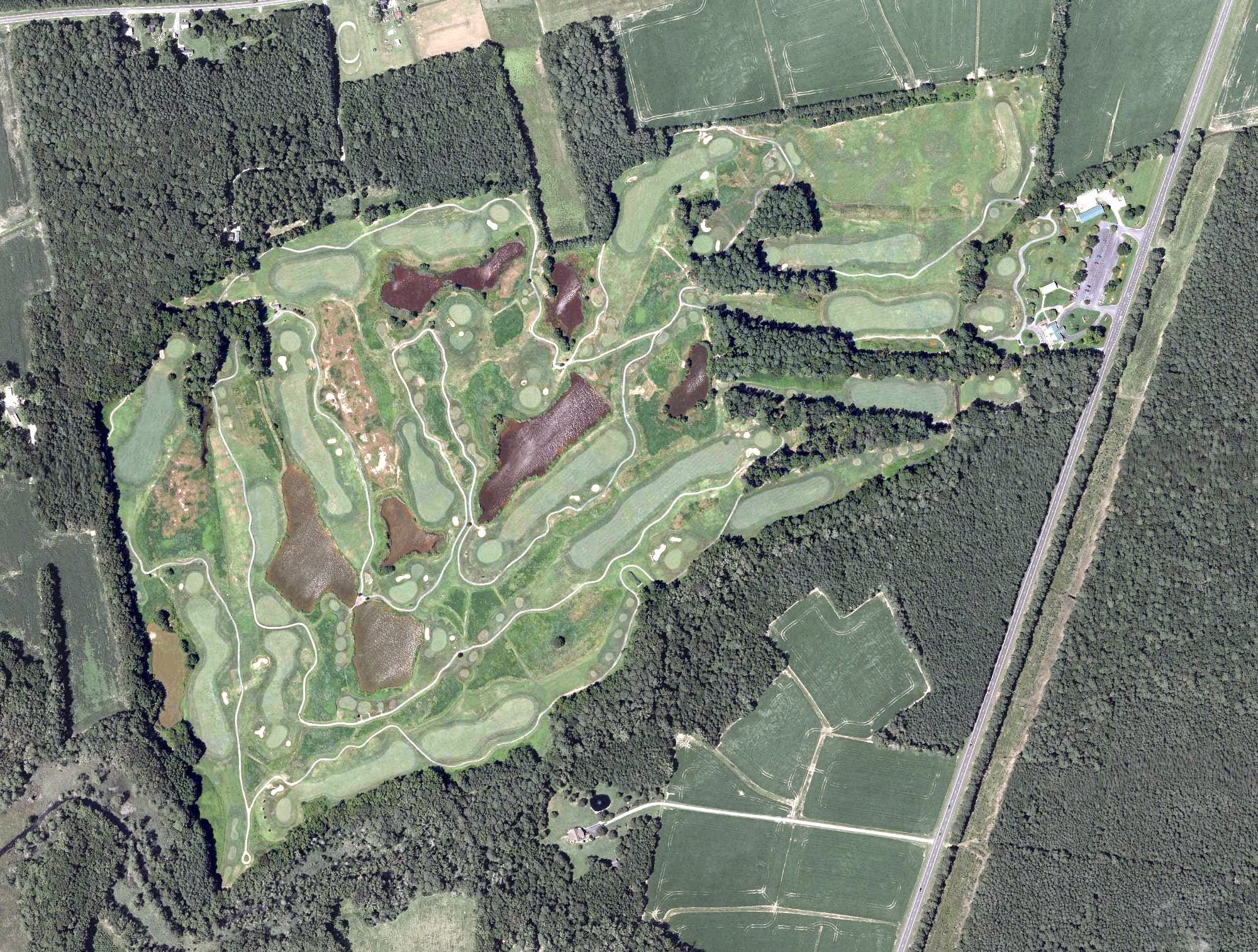 Aerial view of Great Hope Golf Course, MD, with its hole routing marked