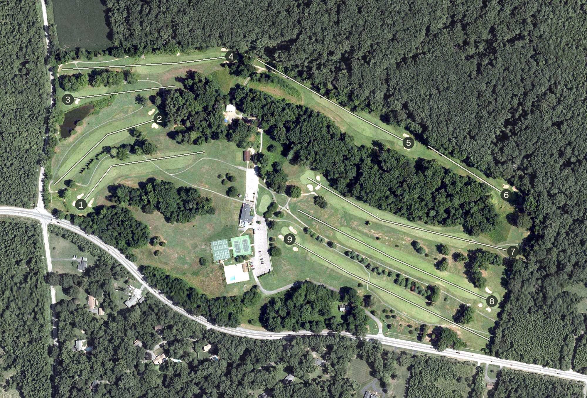 Aerial view of Hawthorne Country Club, MD, with its hole routing marked
