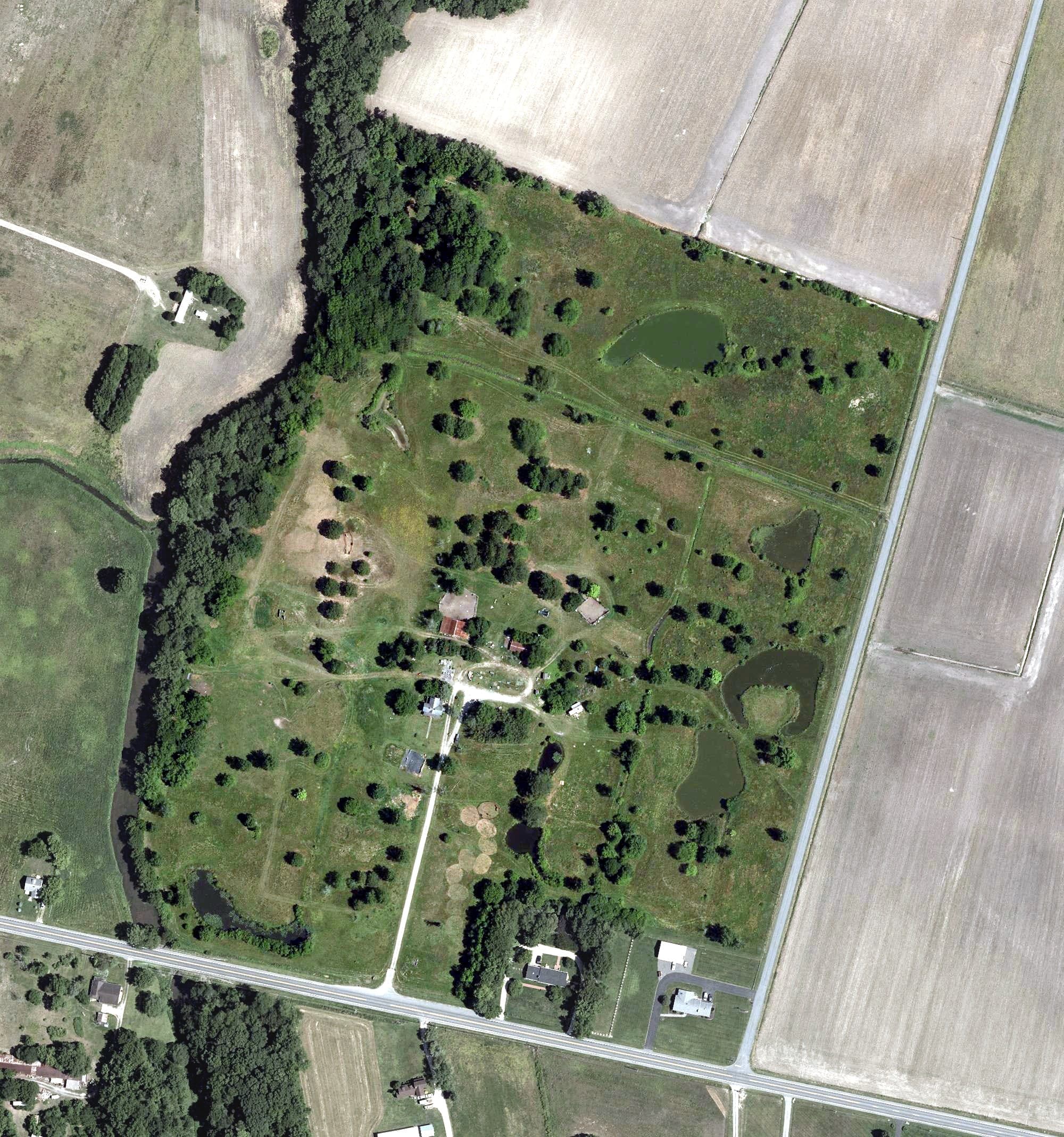 Aerial view of Horse Bridge Golf Course, MD, with its hole routing marked