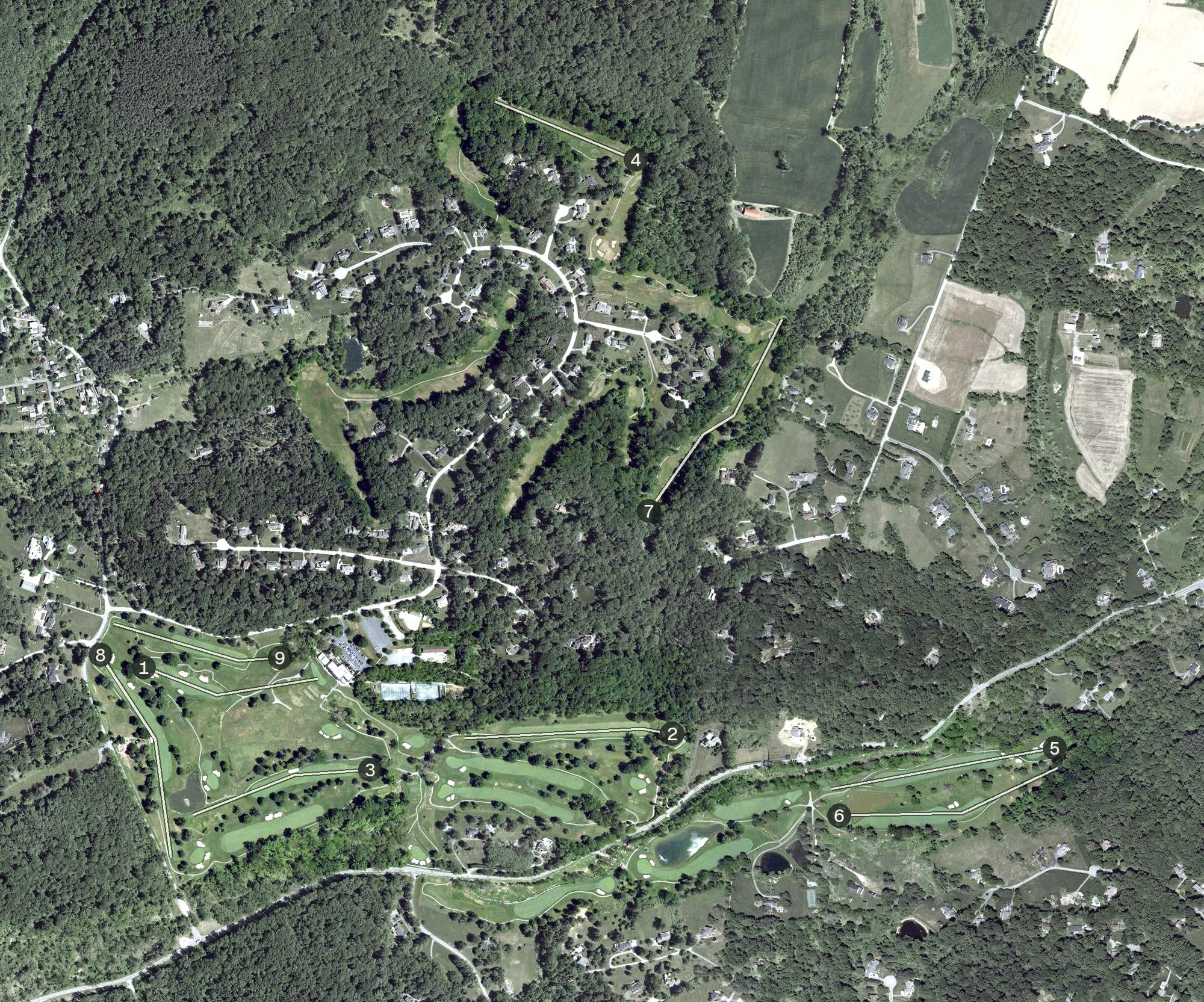 Aerial view of Hunt Valley Country Club, MD, with its hole routing marked