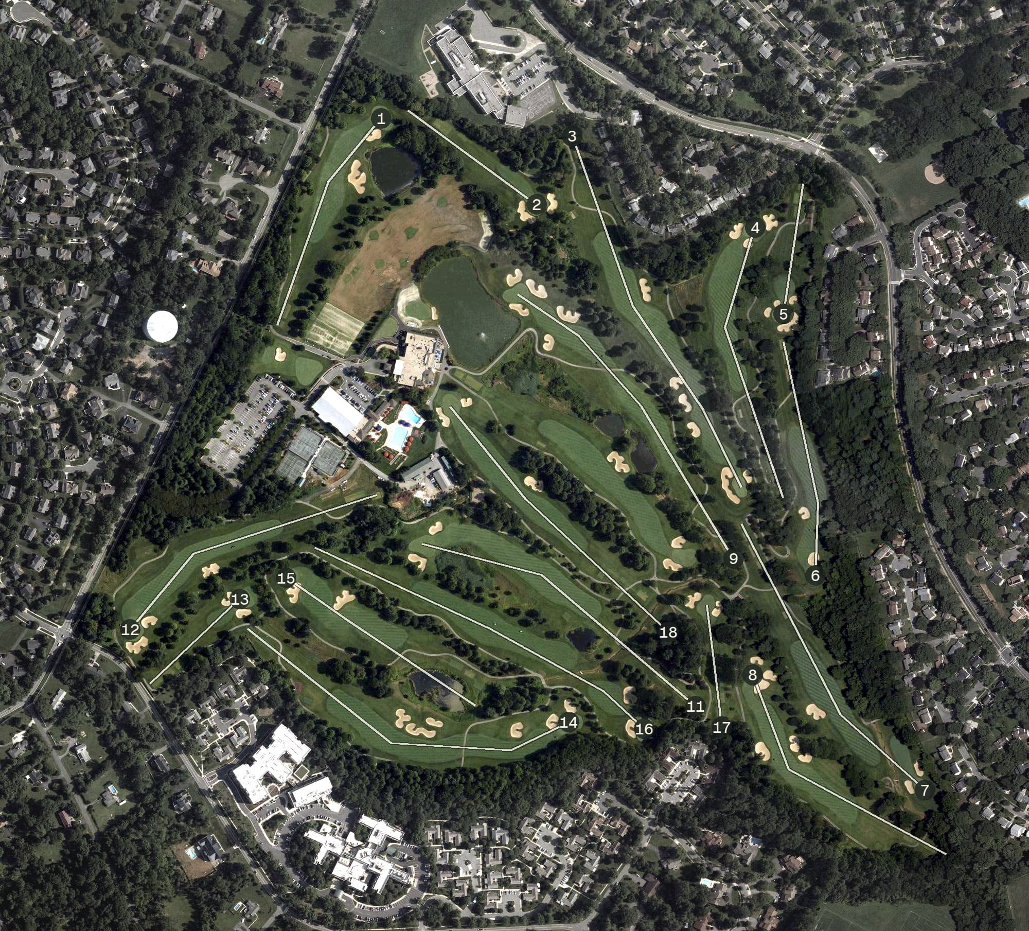 Aerial view of Lakewood Country Club, MD, with its hole routing marked
