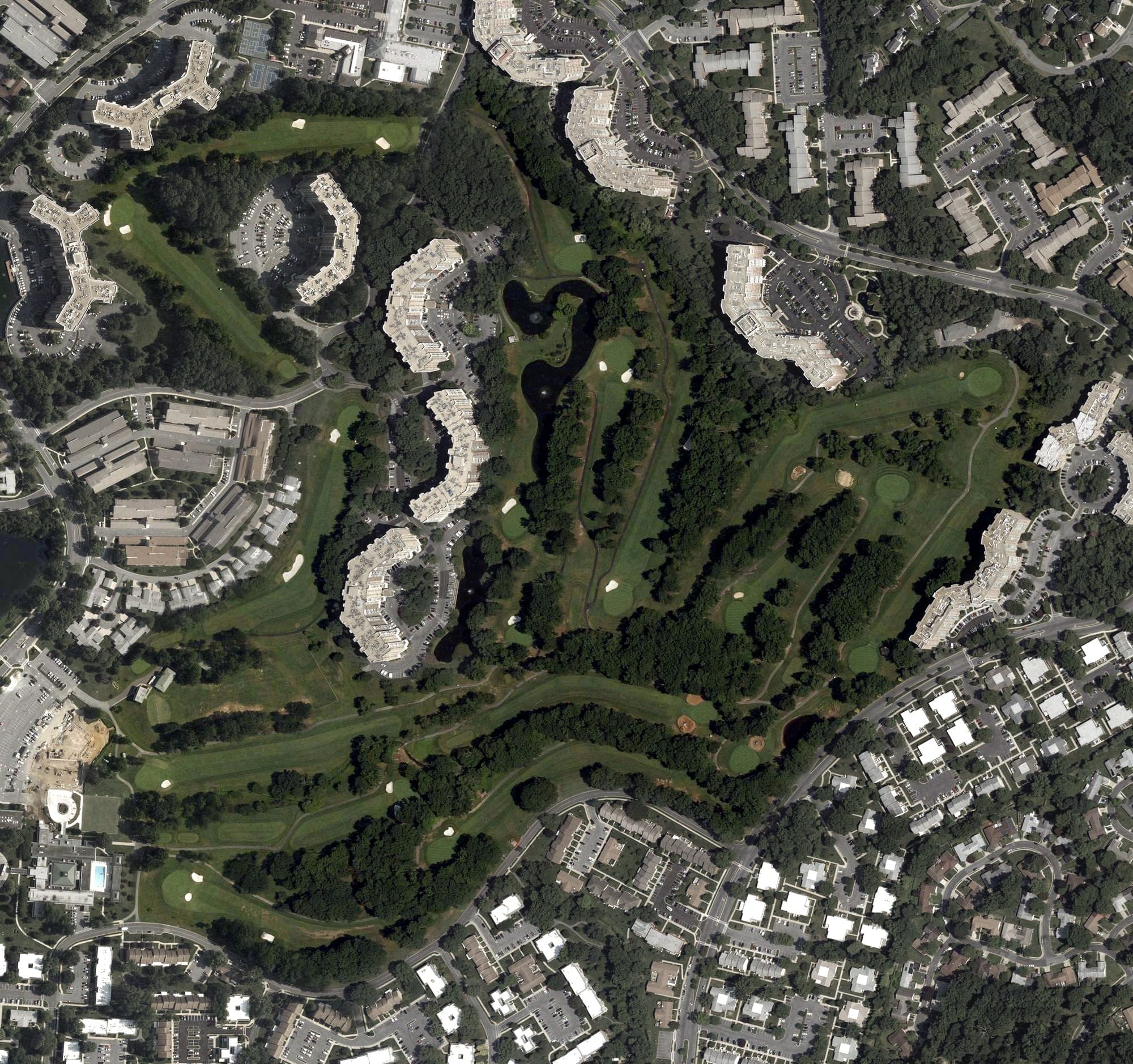 Aerial view of Leisure World Golf Course, MD, with its hole routing marked