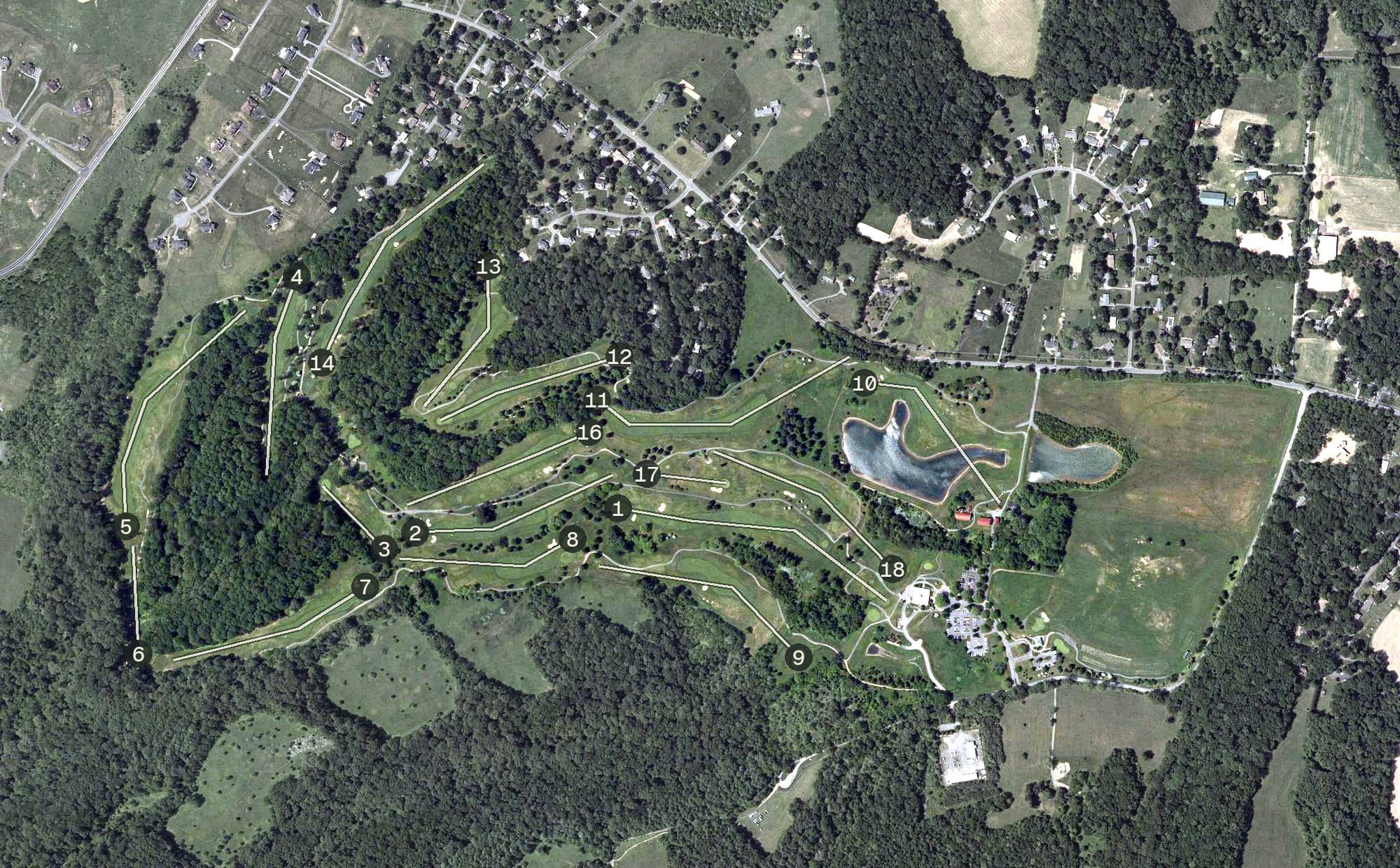 Aerial view of Little Bennett Golf Course, MD, with its hole routing marked