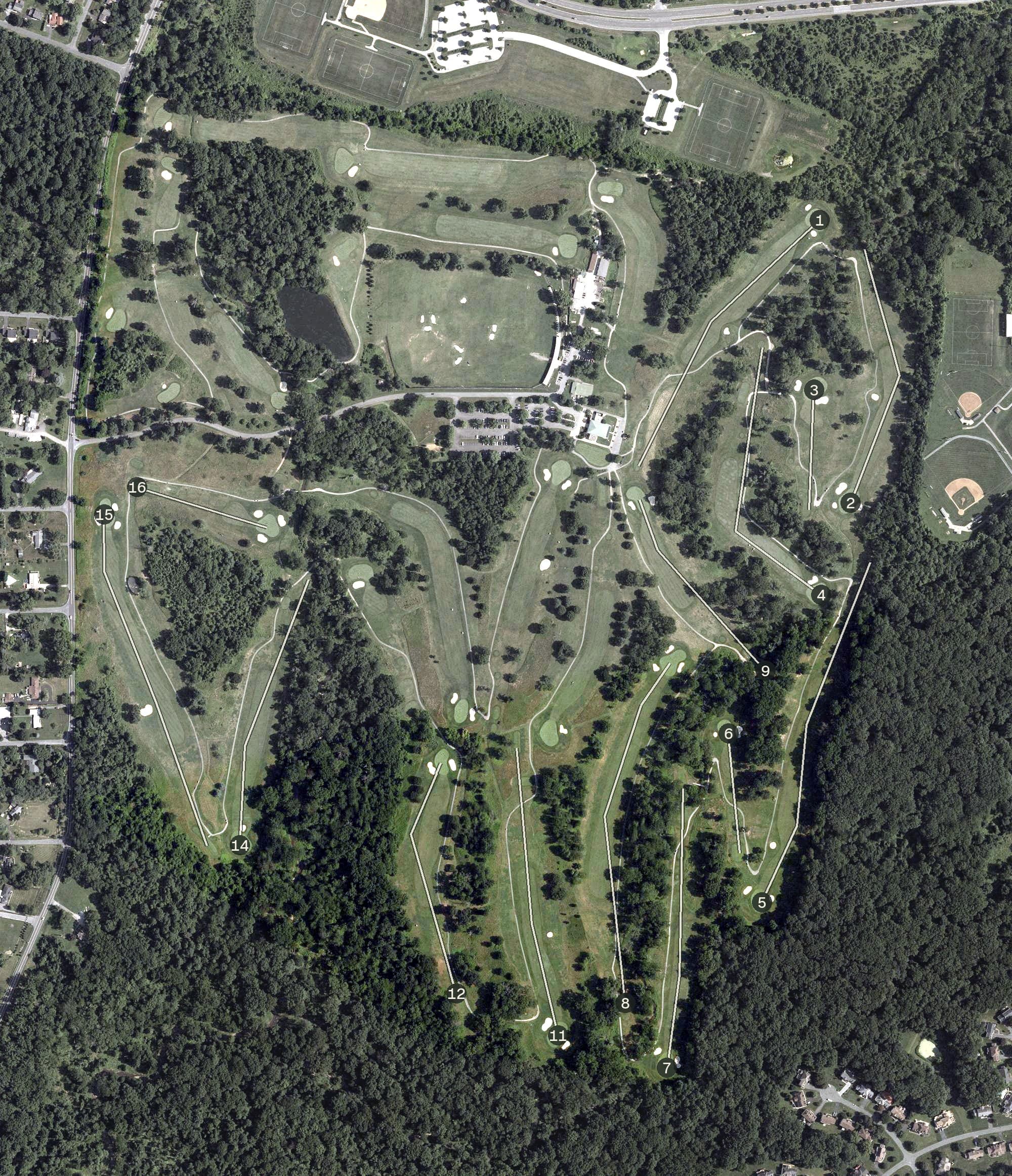 Aerial view of Northwest Branch Golf Course, MD, with its hole routing marked