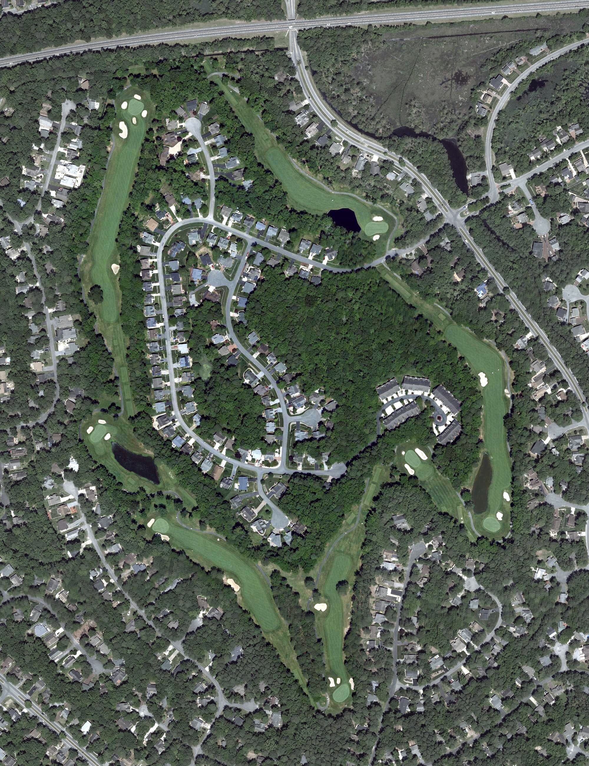 Aerial view of Ocean Pines Golf Course, MD, with its hole routing marked