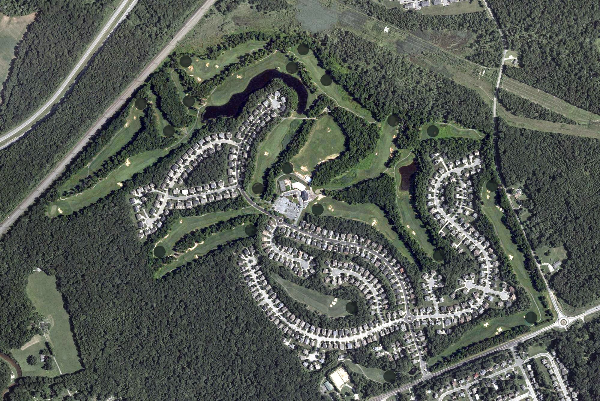 Aerial view of Patriots Glen National Golf Club, MD, with its hole routing marked