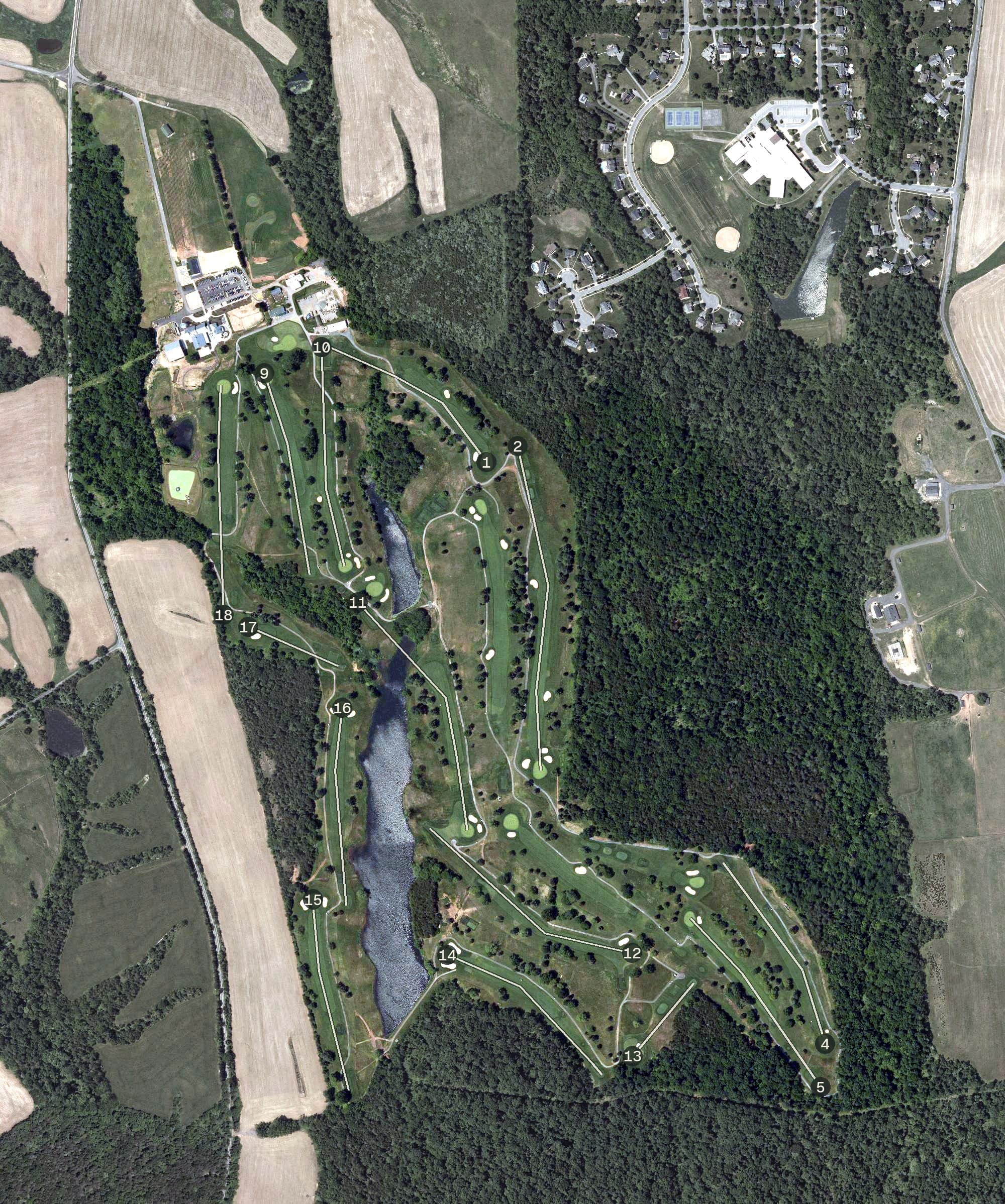Aerial view of Poolesville Golf Course, MD, with its hole routing marked