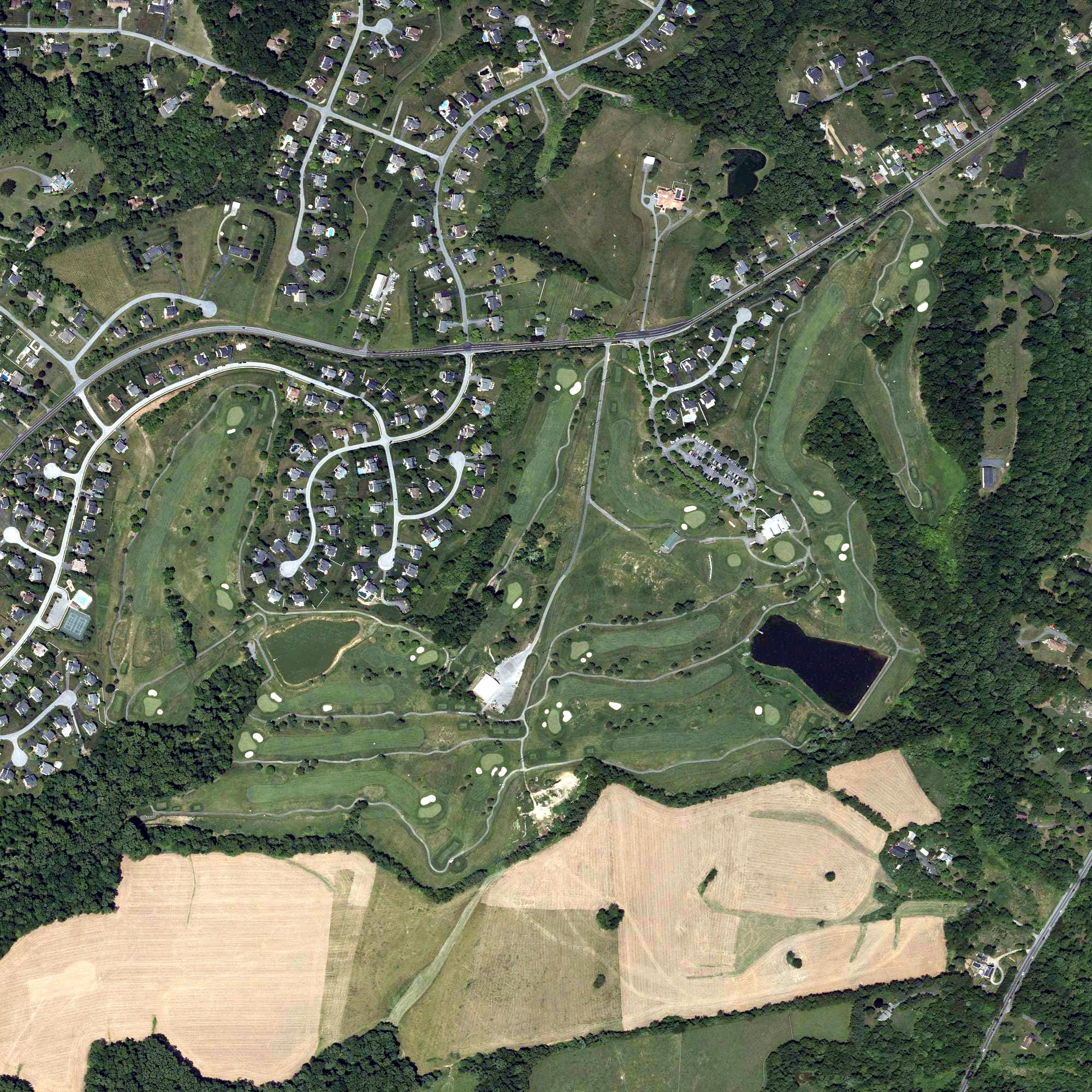 Aerial view of Rattlewood Golf Course, MD, with its hole routing marked