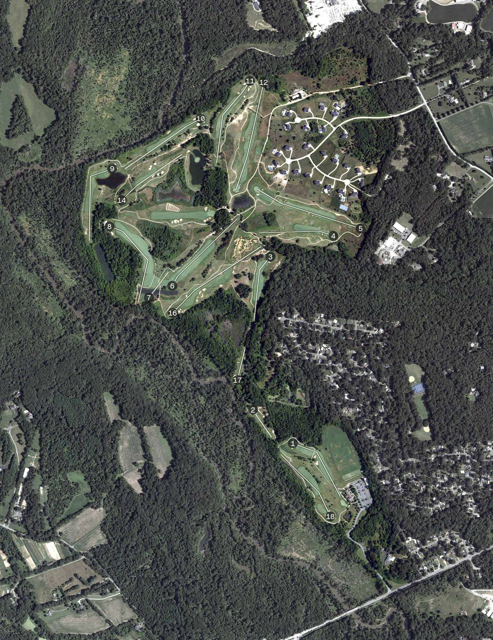 Aerial view of Renditions Golf Course, MD, with its hole routing marked