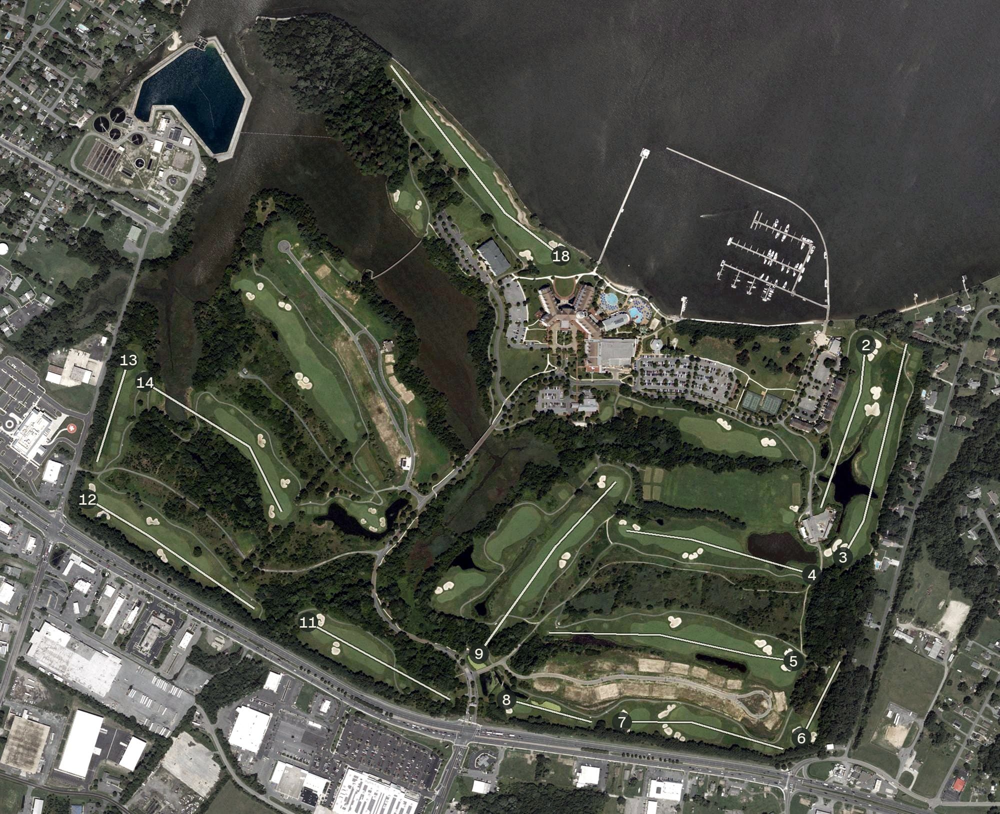 Aerial view of River Marsh Golf Club, MD, with its hole routing marked