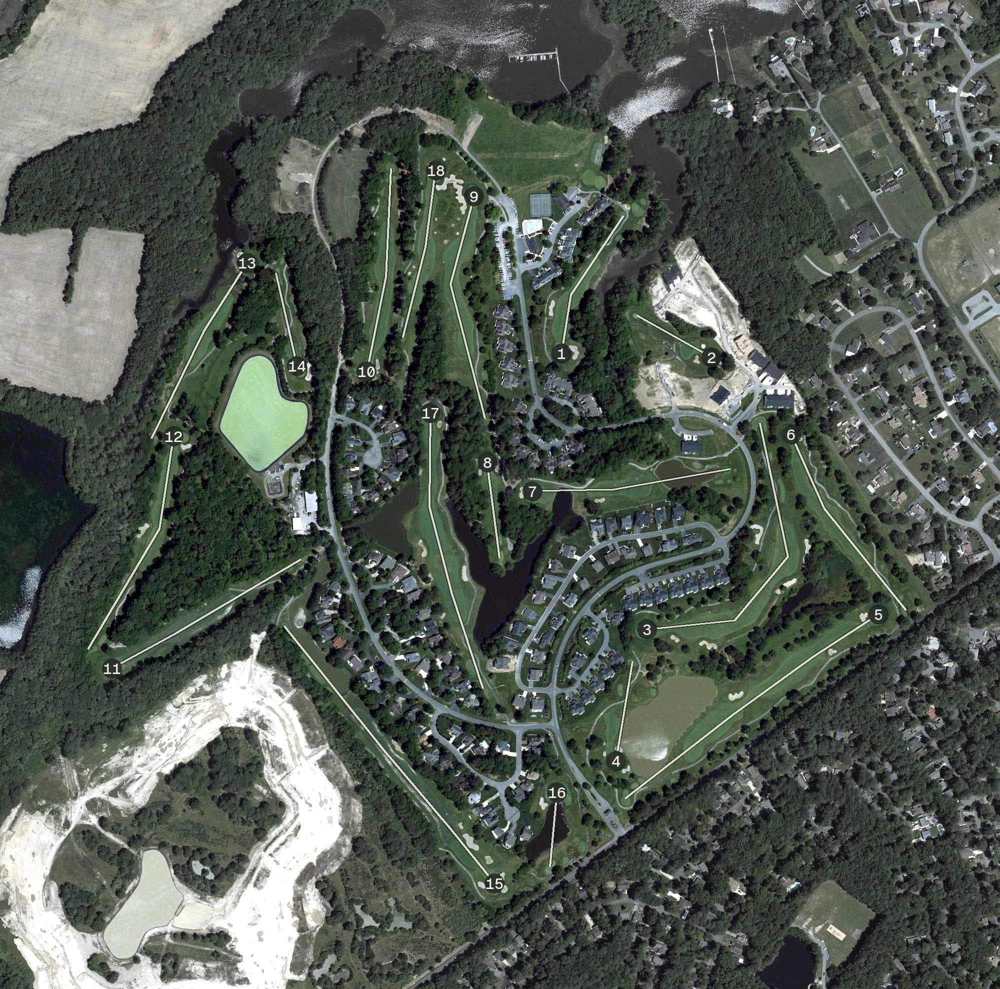 Aerial view of River Run Golf Club, MD, with its hole routing marked