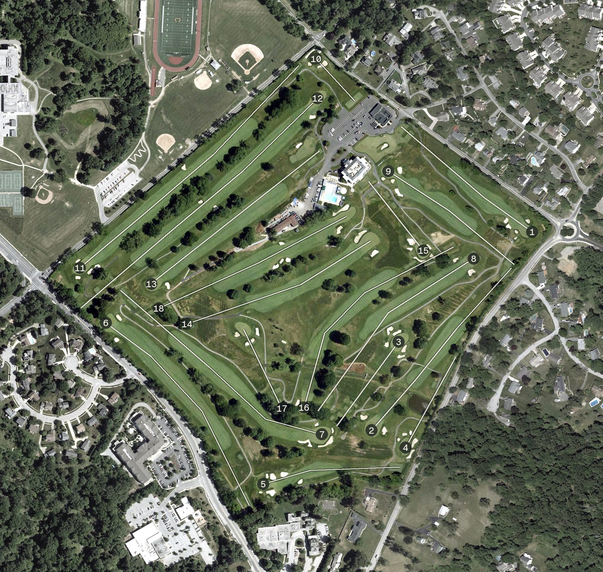 Aerial view of Rolling Road Golf Club, MD, with its hole routing marked