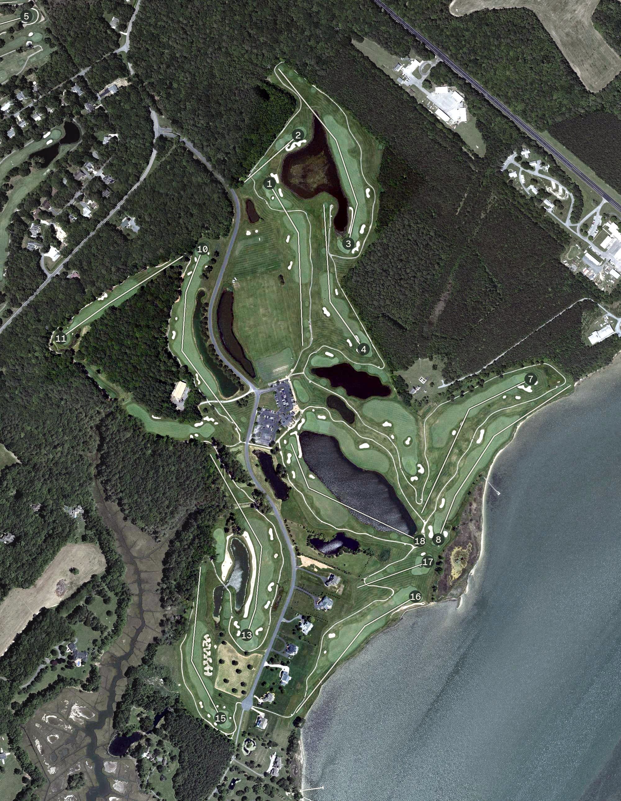Aerial view of Rum Pointe Seaside Golf Links, MD, with its hole routing marked