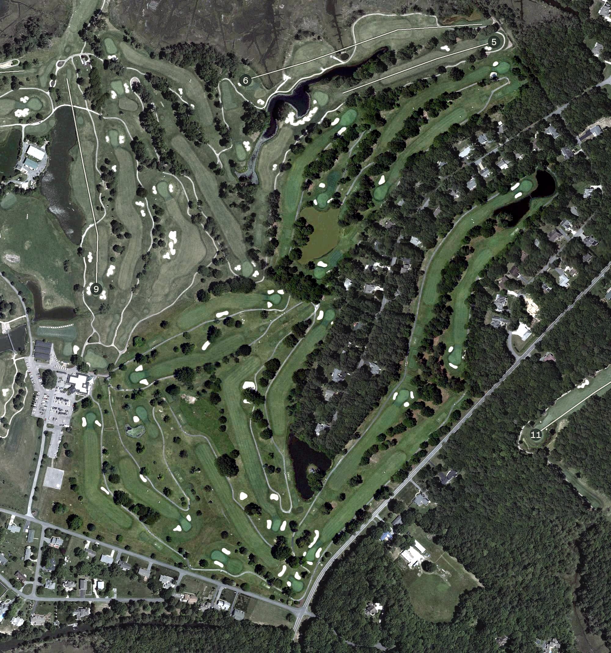 Aerial view of Seaside, MD, with its hole routing marked
