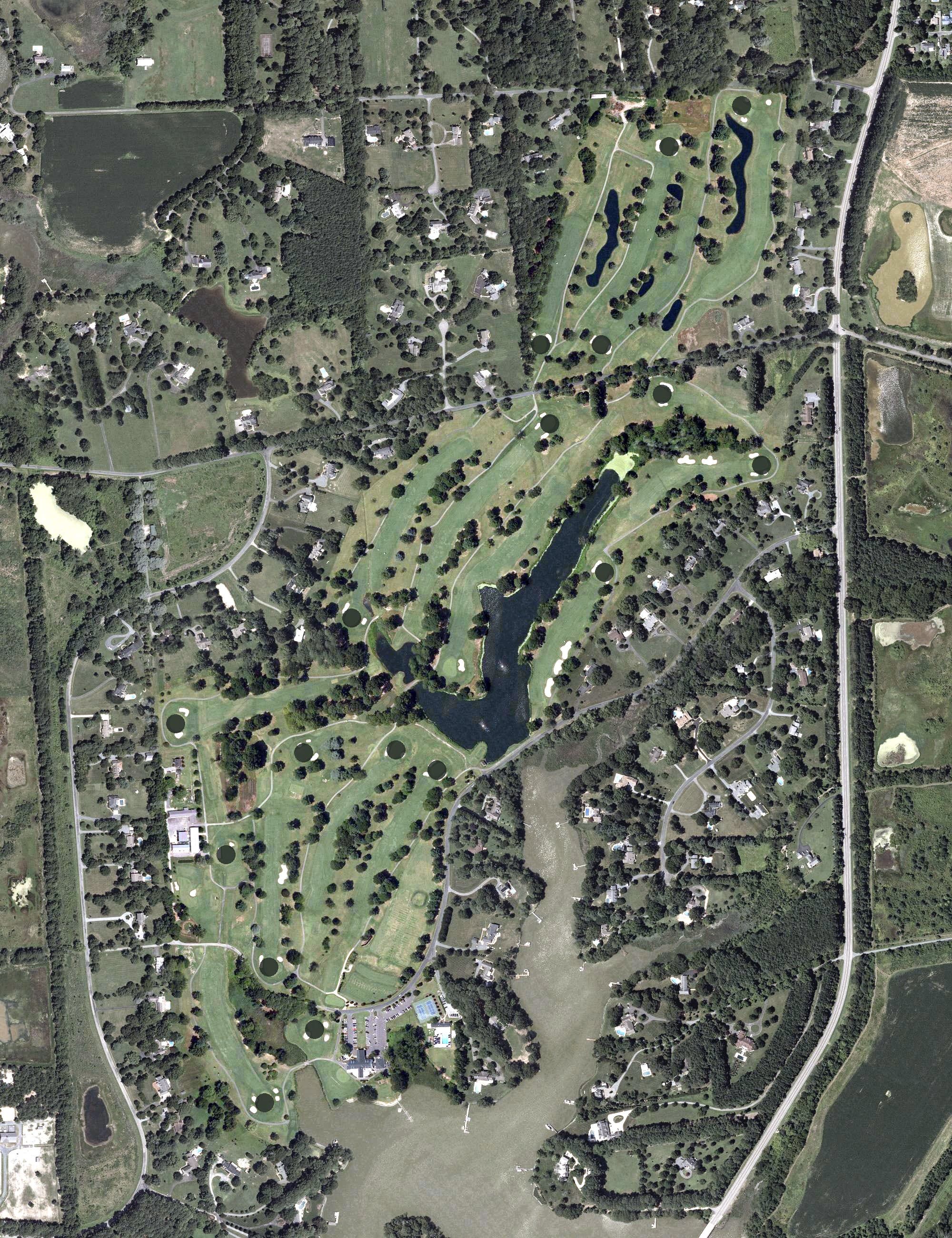 Aerial view of Talbot Country Club, MD, with its hole routing marked