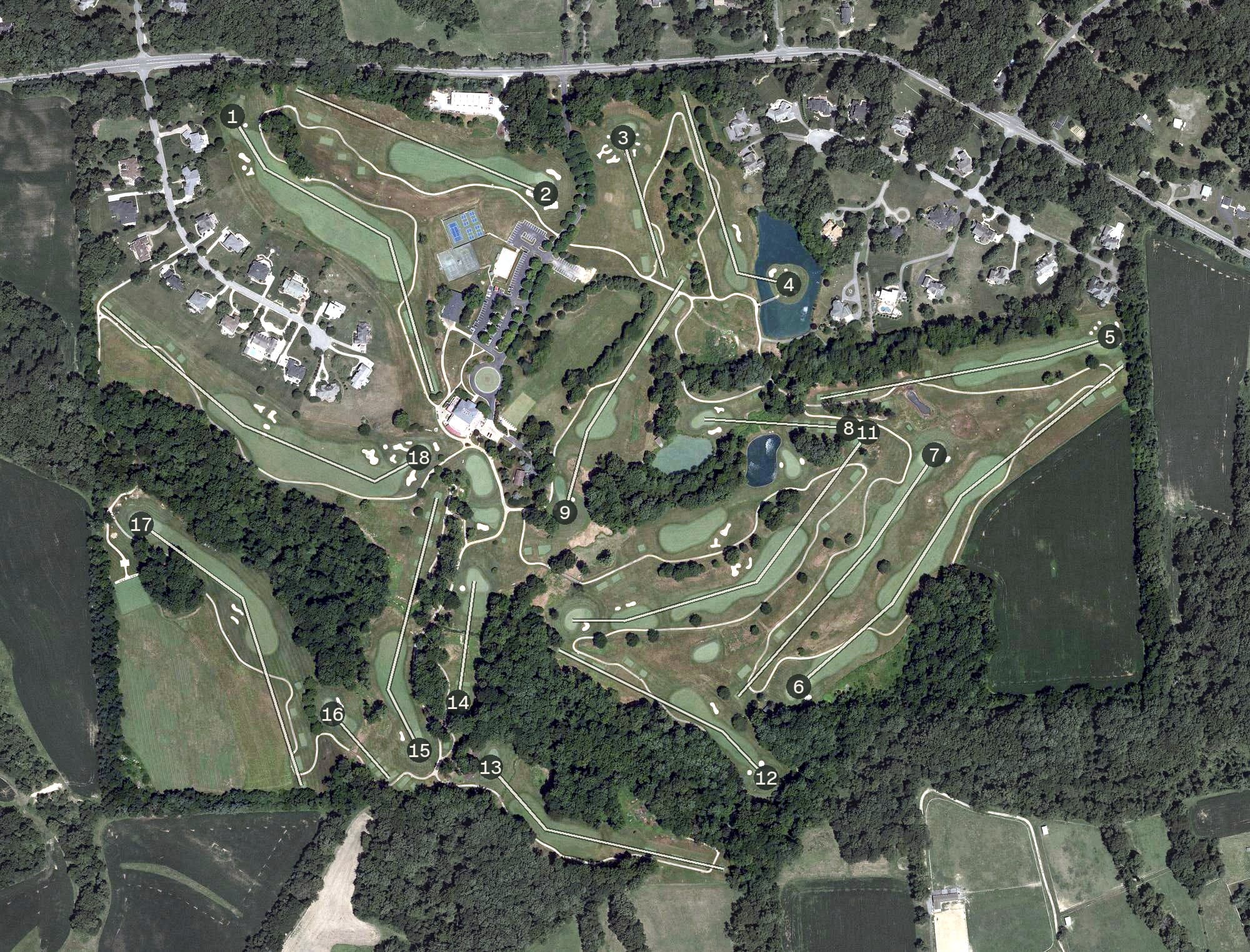 Aerial view of The Cannon Club, MD, with its hole routing marked