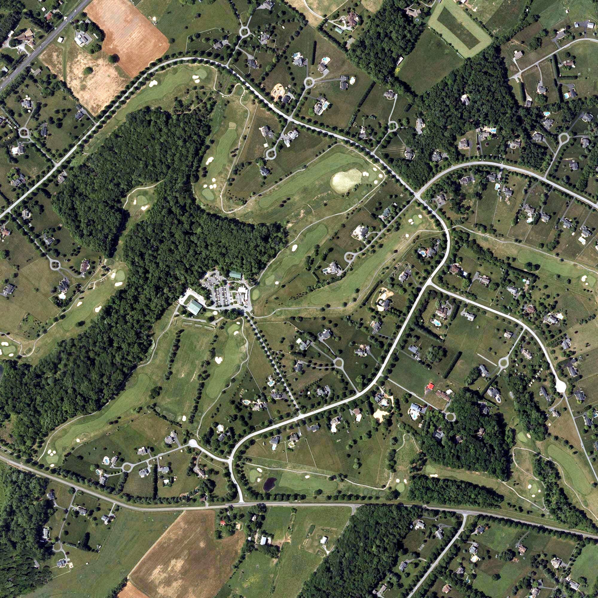 Aerial view of The Links at Challedon, MD, with its hole routing marked