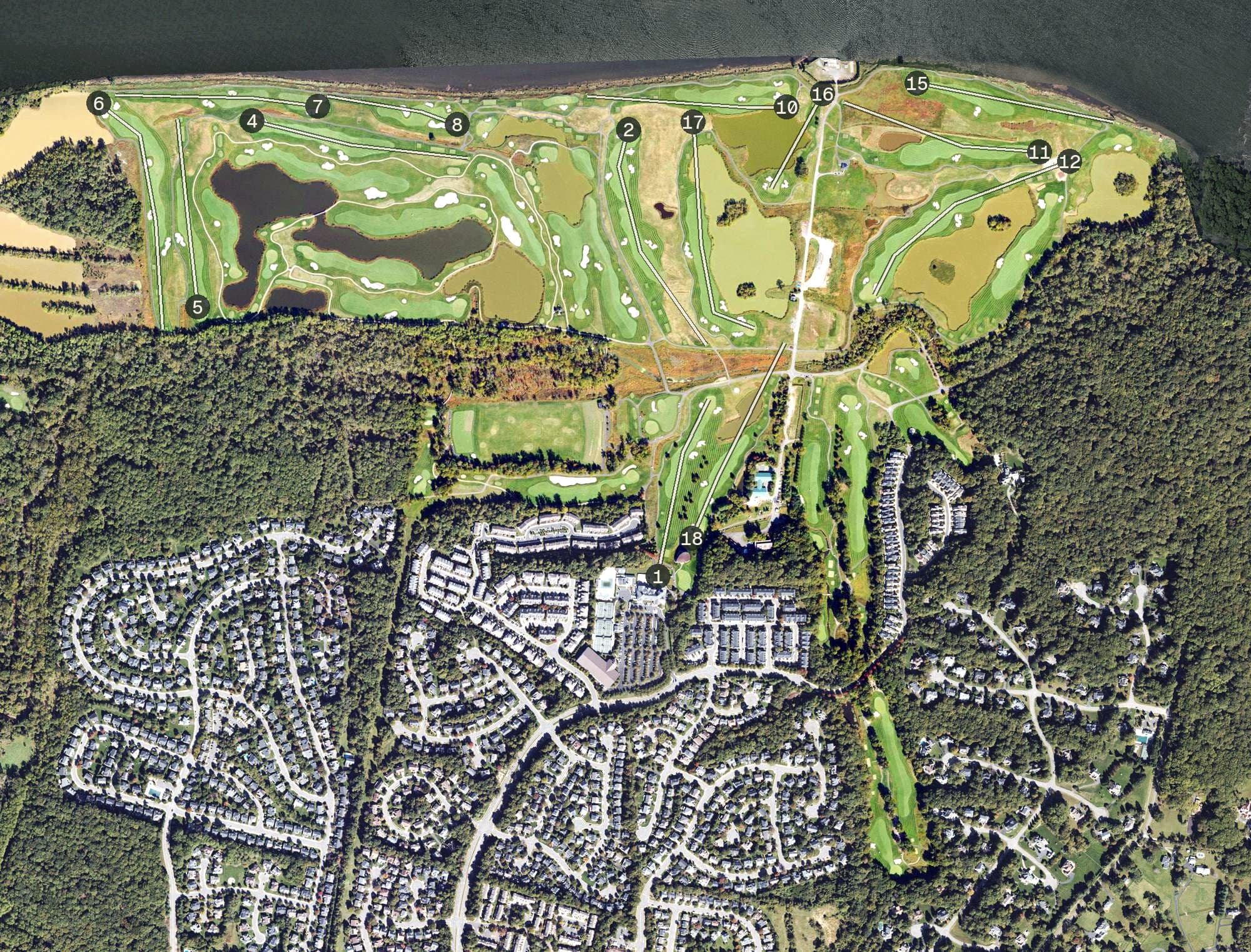Aerial view of Trump National Golf Club, MD, with its hole routing marked