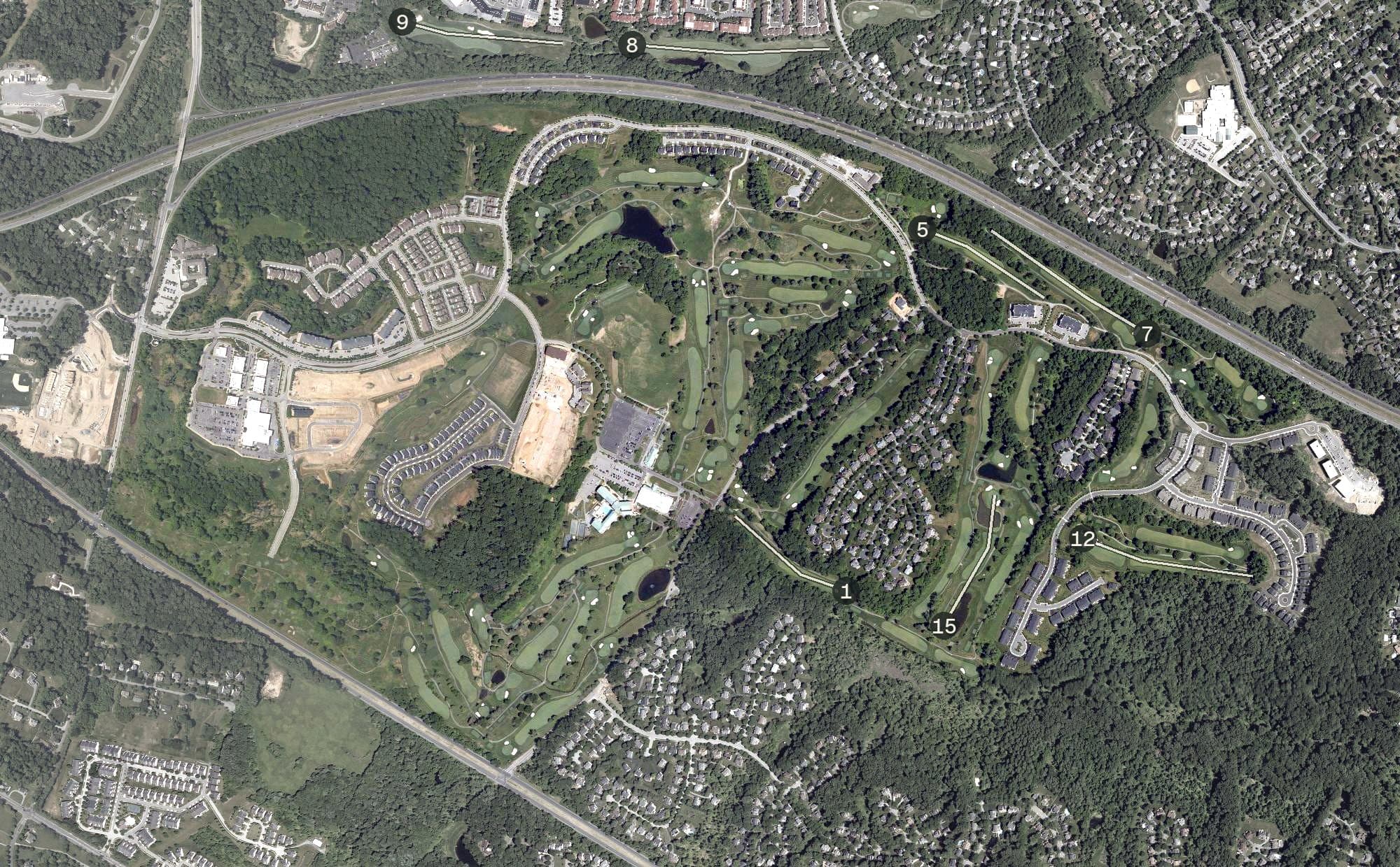 Aerial view of Turf Valley, MD, with its hole routing marked