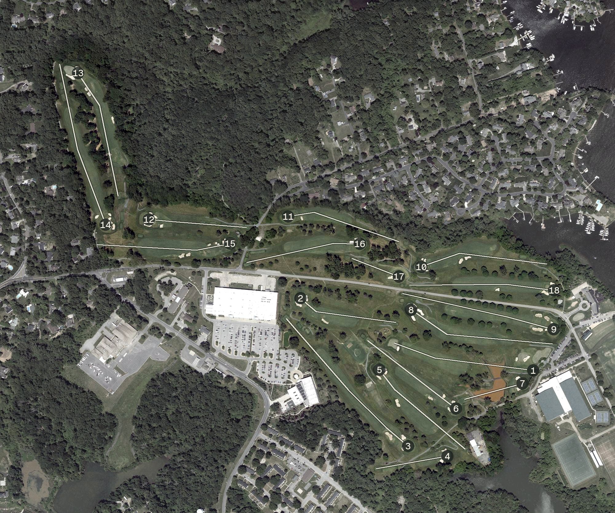 Aerial view of United States Naval Academy Golf Club, MD, with its hole routing marked